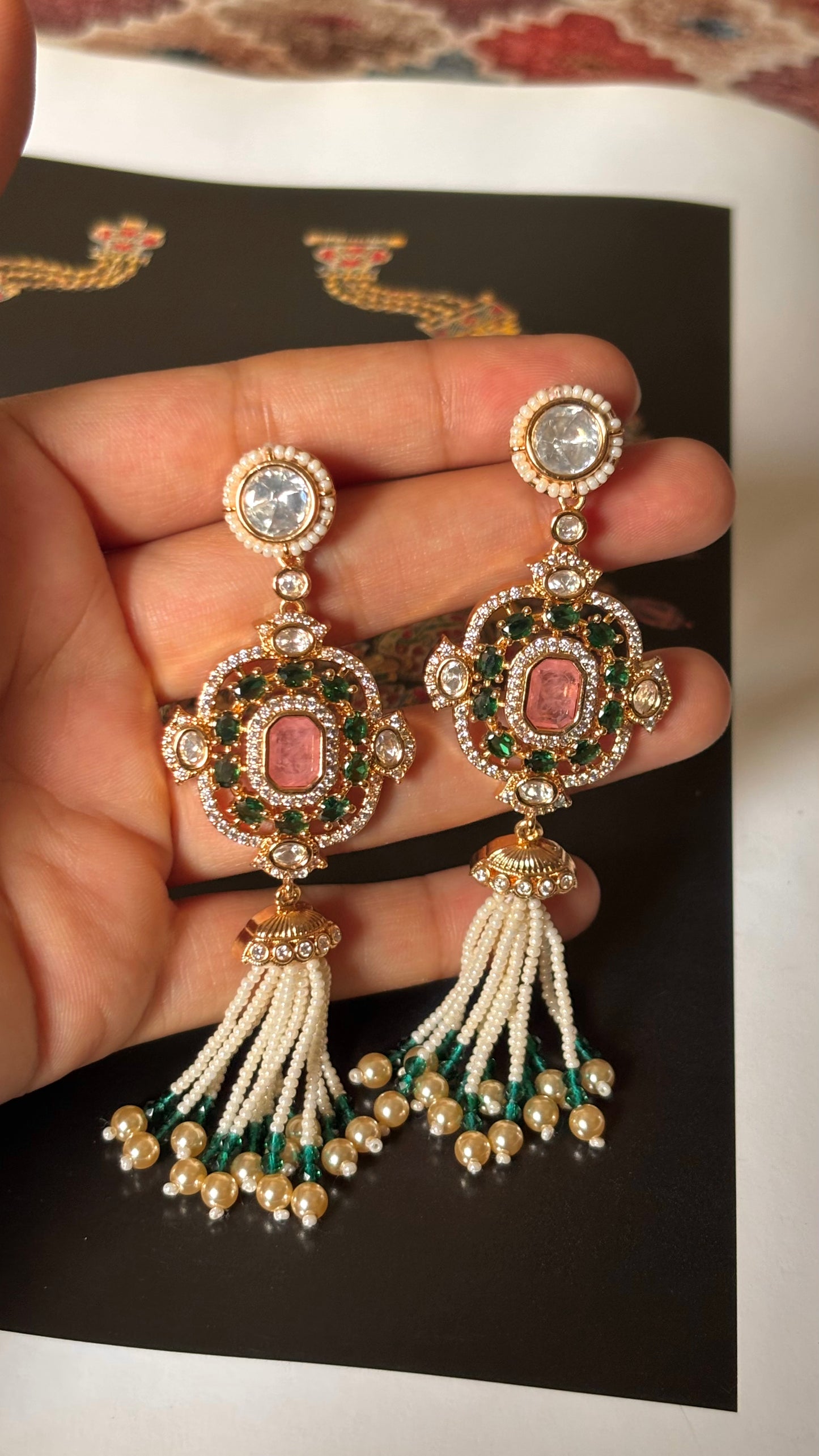 Emerald doublets & rose quartz with pearl detailing jhalar Earrings
