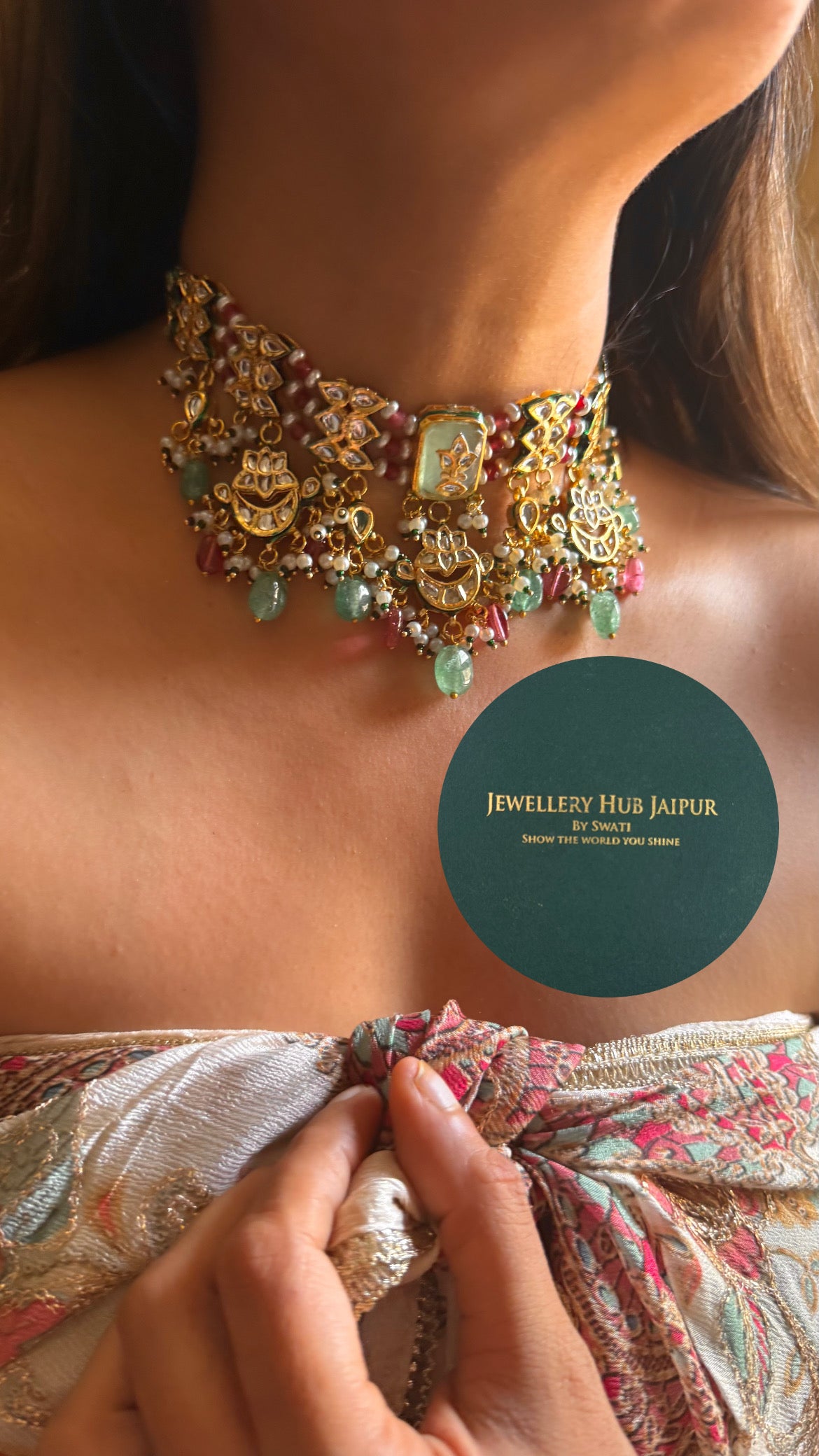 Mint inlay work with rani pjnk & emerald drops & emerald meenakari paachi choker set