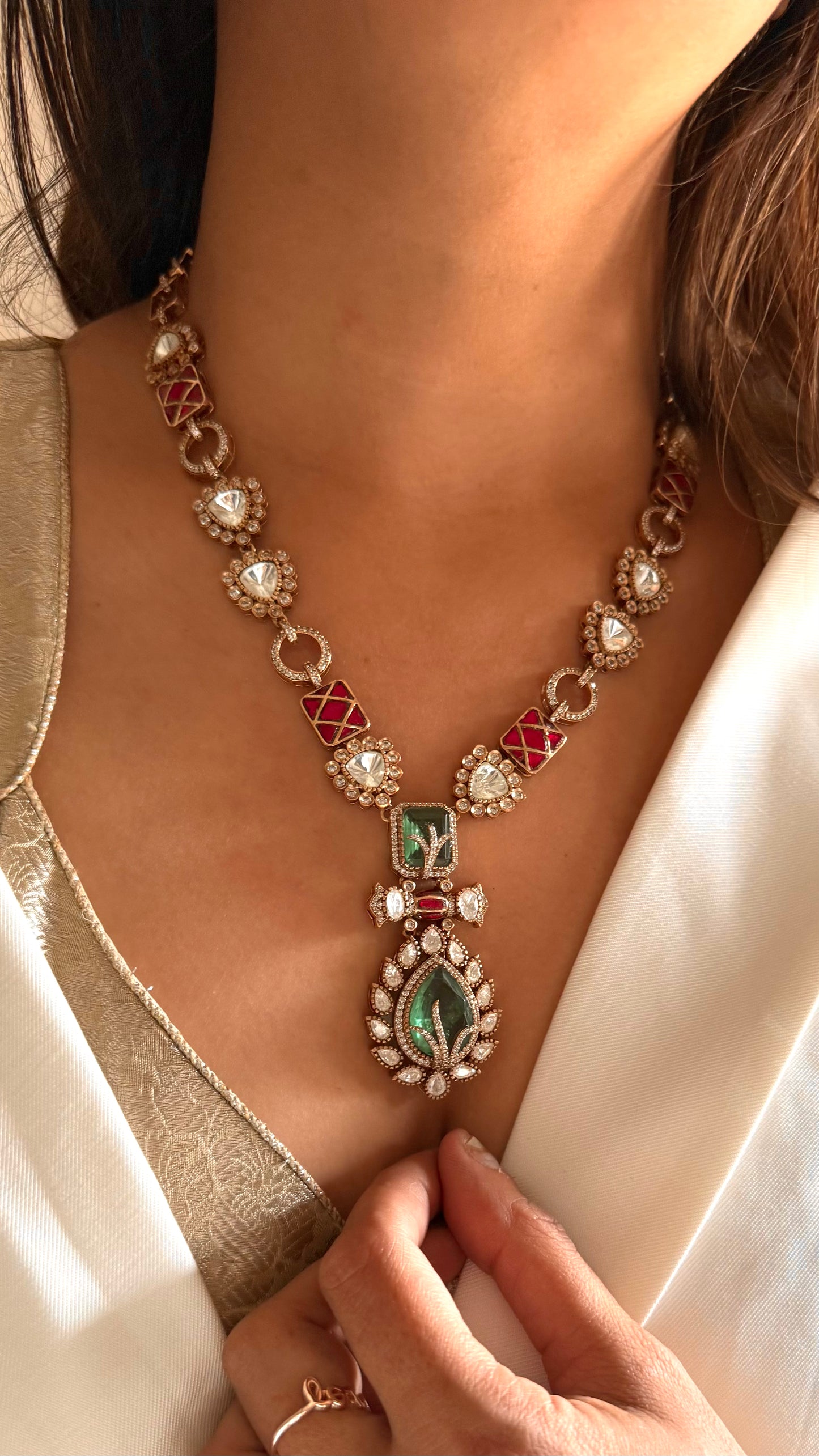 Shiva Mint doublet & ruby katdana moissanite collar necklace