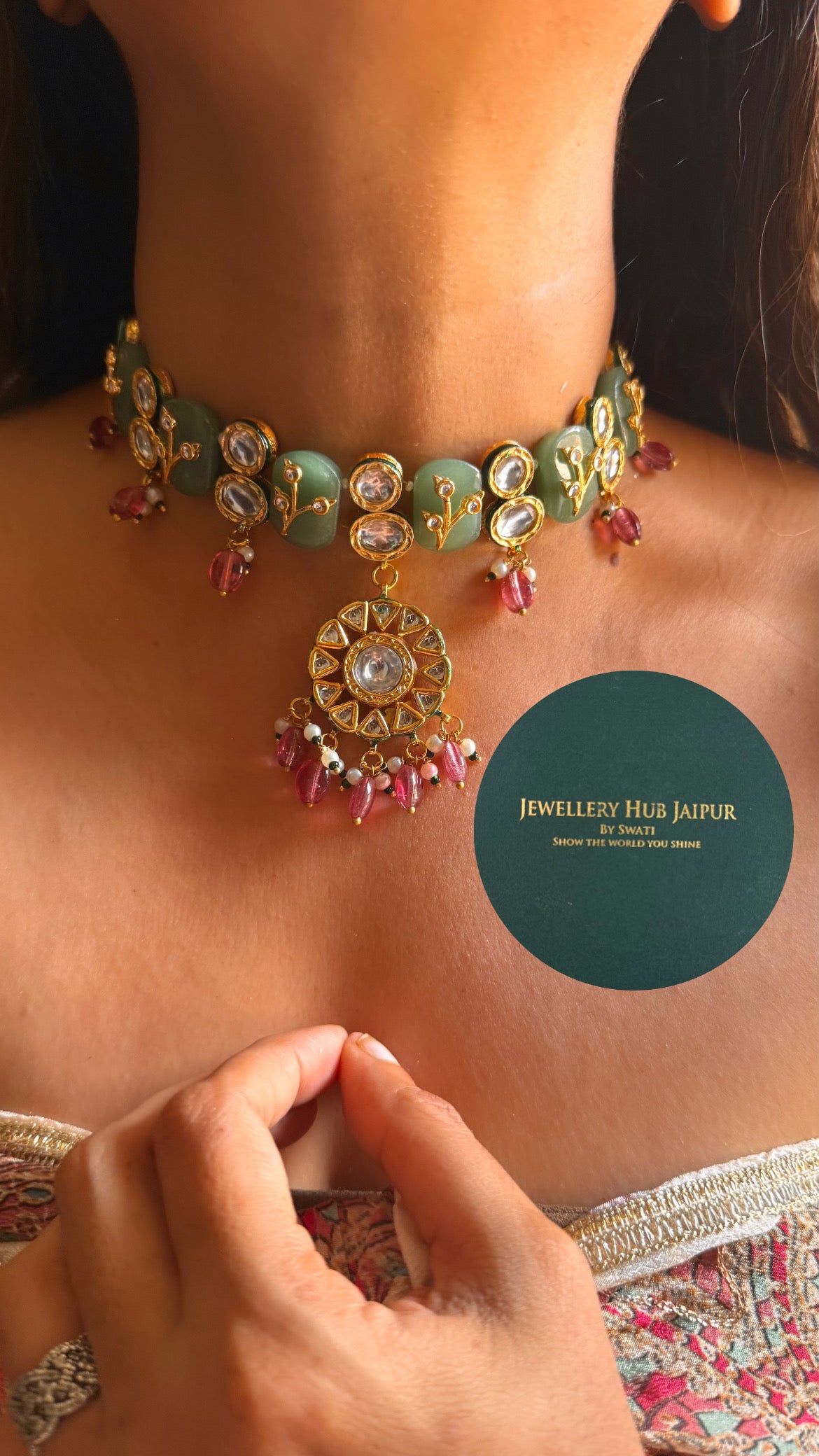 Mint inlay work & emerald meenakari paachi with rani pink drops choker set