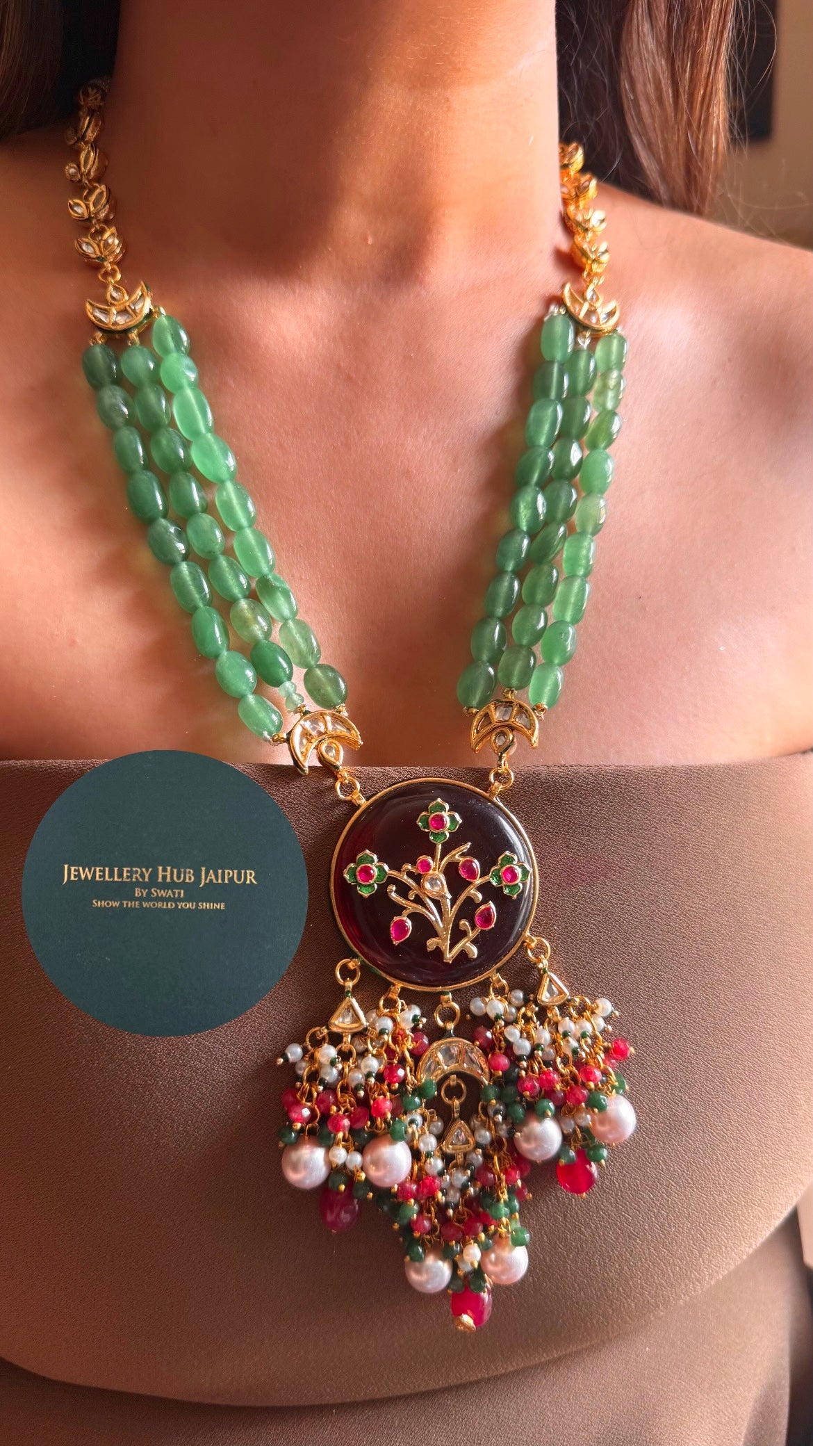Ruby floral inlay work & mint string with meenakari paachi heritage long set