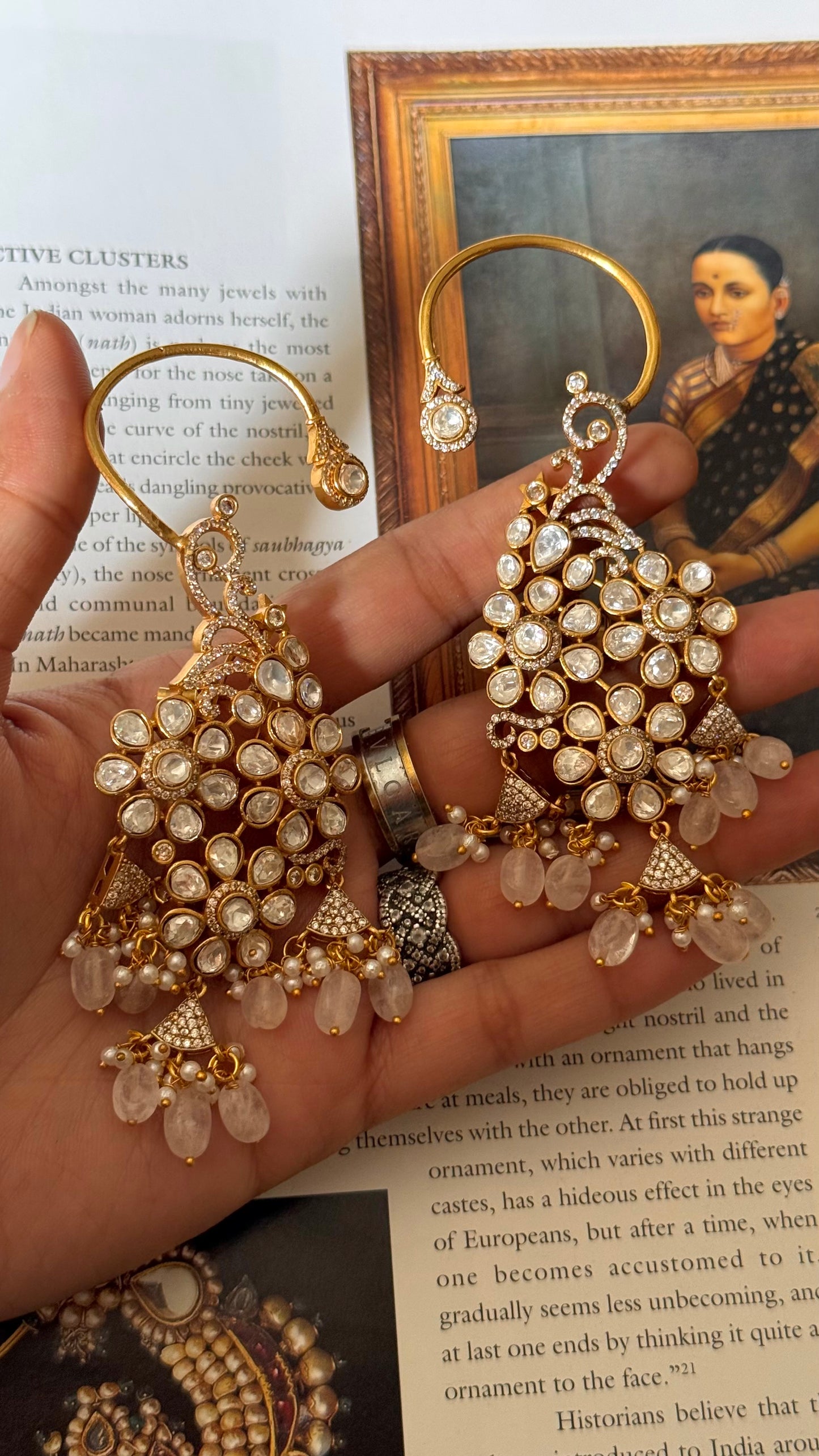 Moissanite polki with pearl rose quartz earrings