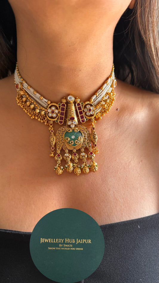 Mint peacock inspired heritage necklace