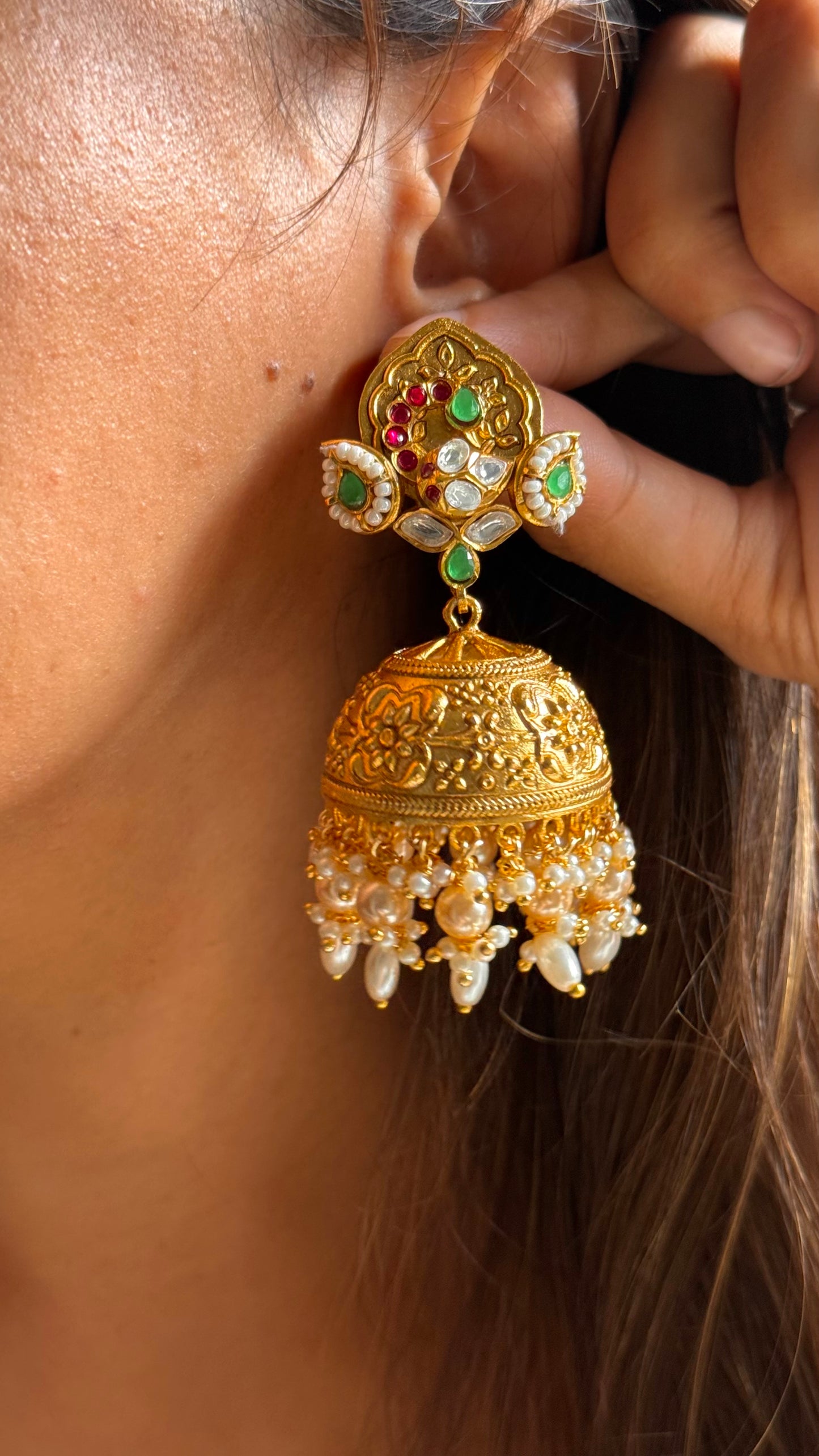 Mint & rani pink golden heritage jhumka