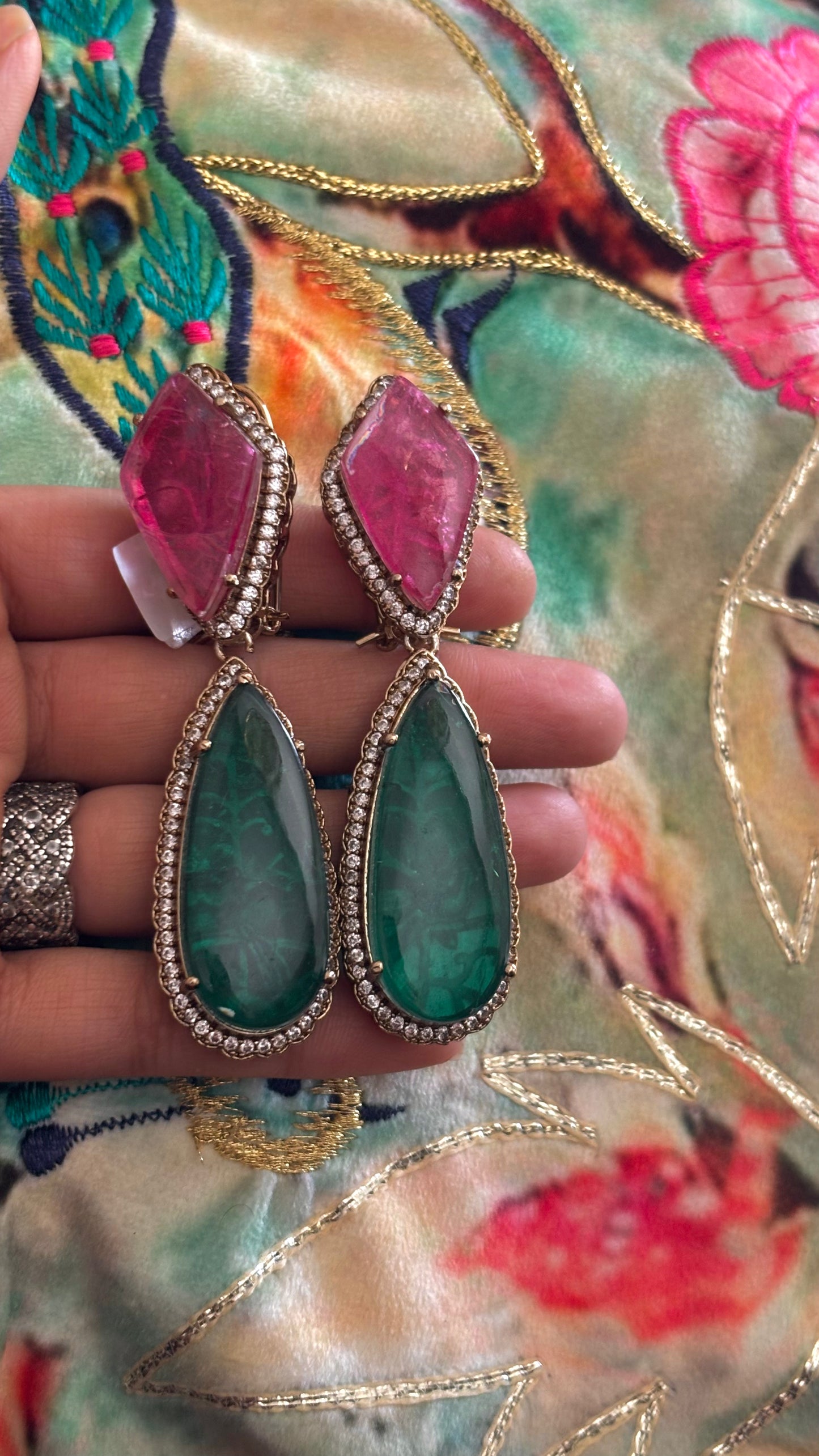 Rose pink & emerald cocktail danglers