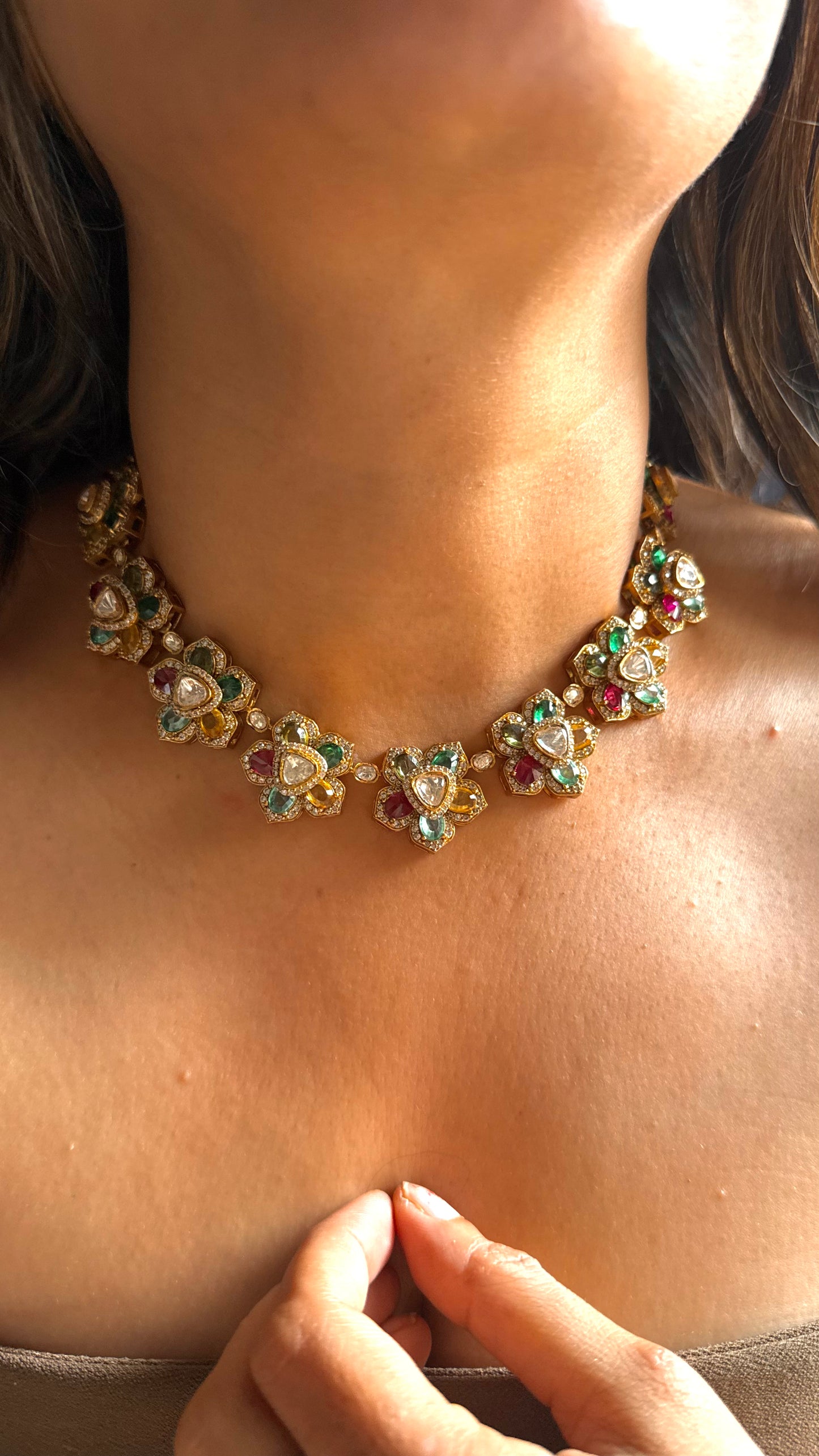 Floral peeli polki multi color statement necklace
