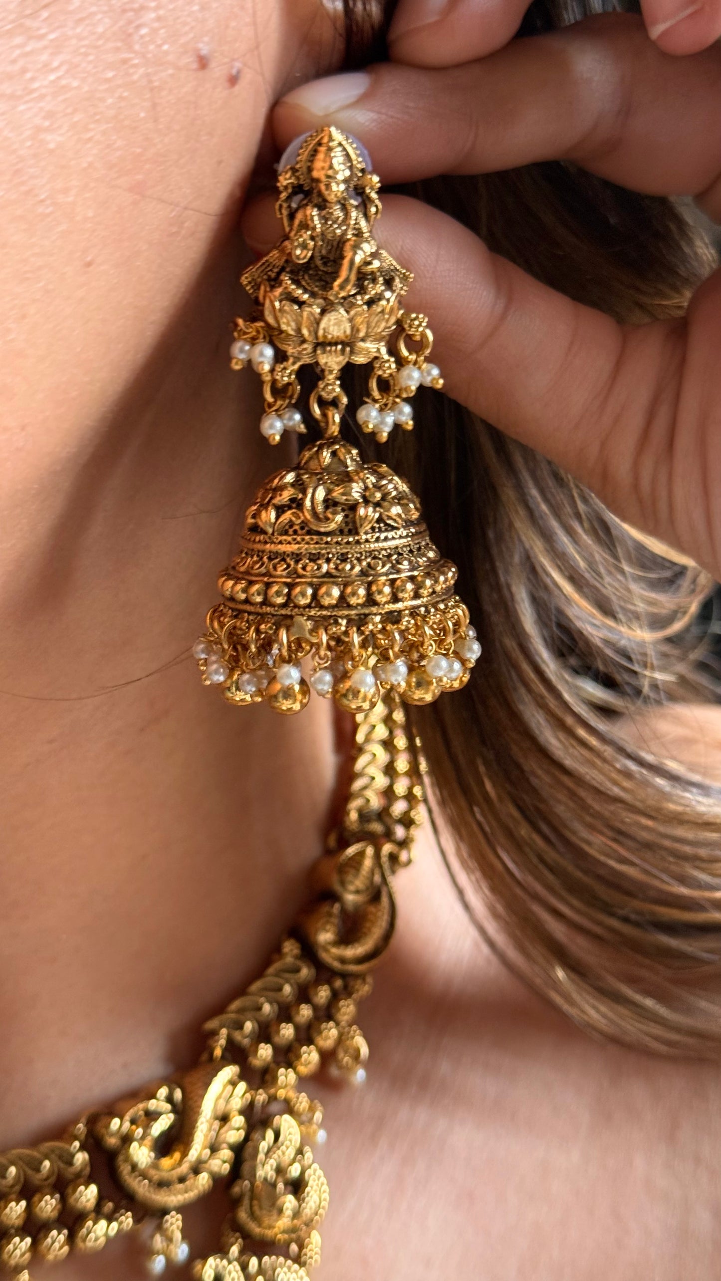 Goddess Laxmi inspired temple set with gold ball hanging