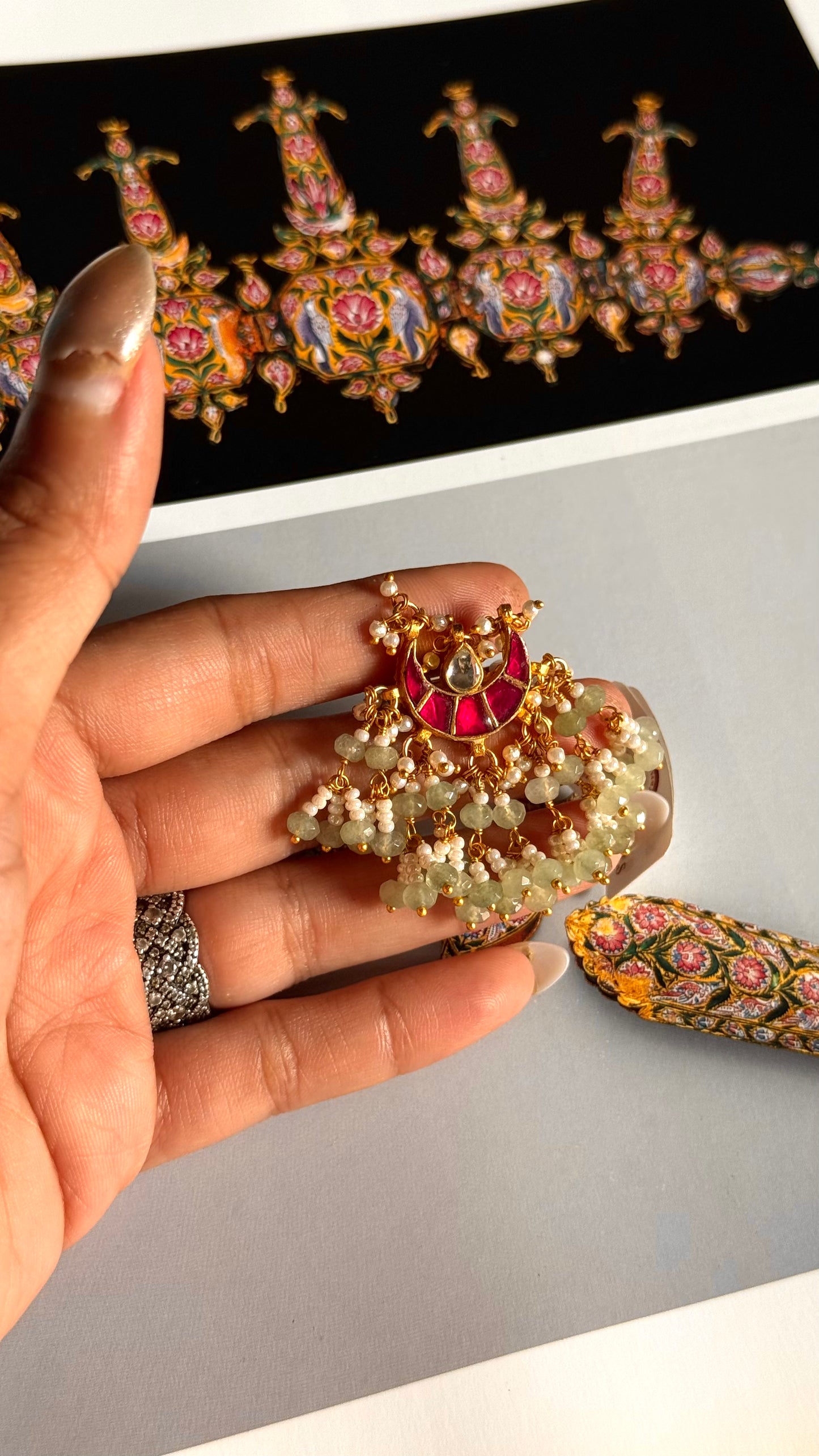 Paachi Rani pink kundan with mint drops adjustable ring