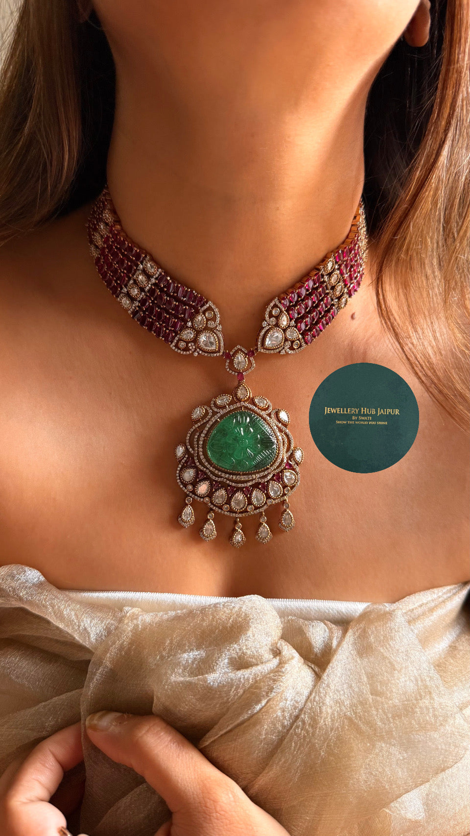 Ruby & panna moissanite designer collar necklace