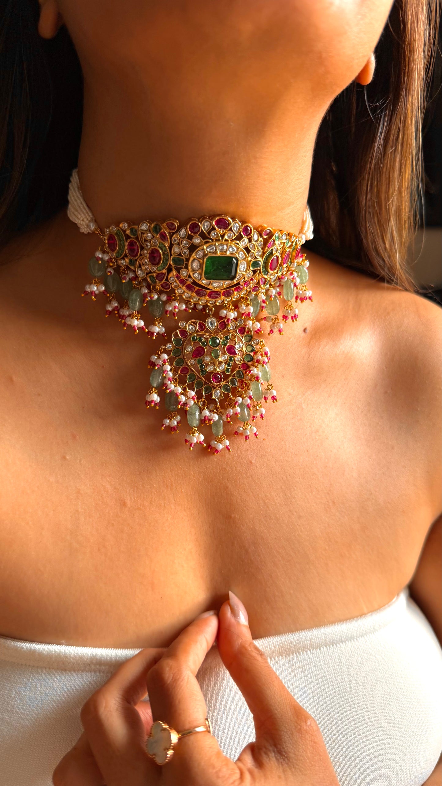 Rukmani Emerald doublet & rani pink Moissanite with mint drop rajwada choker