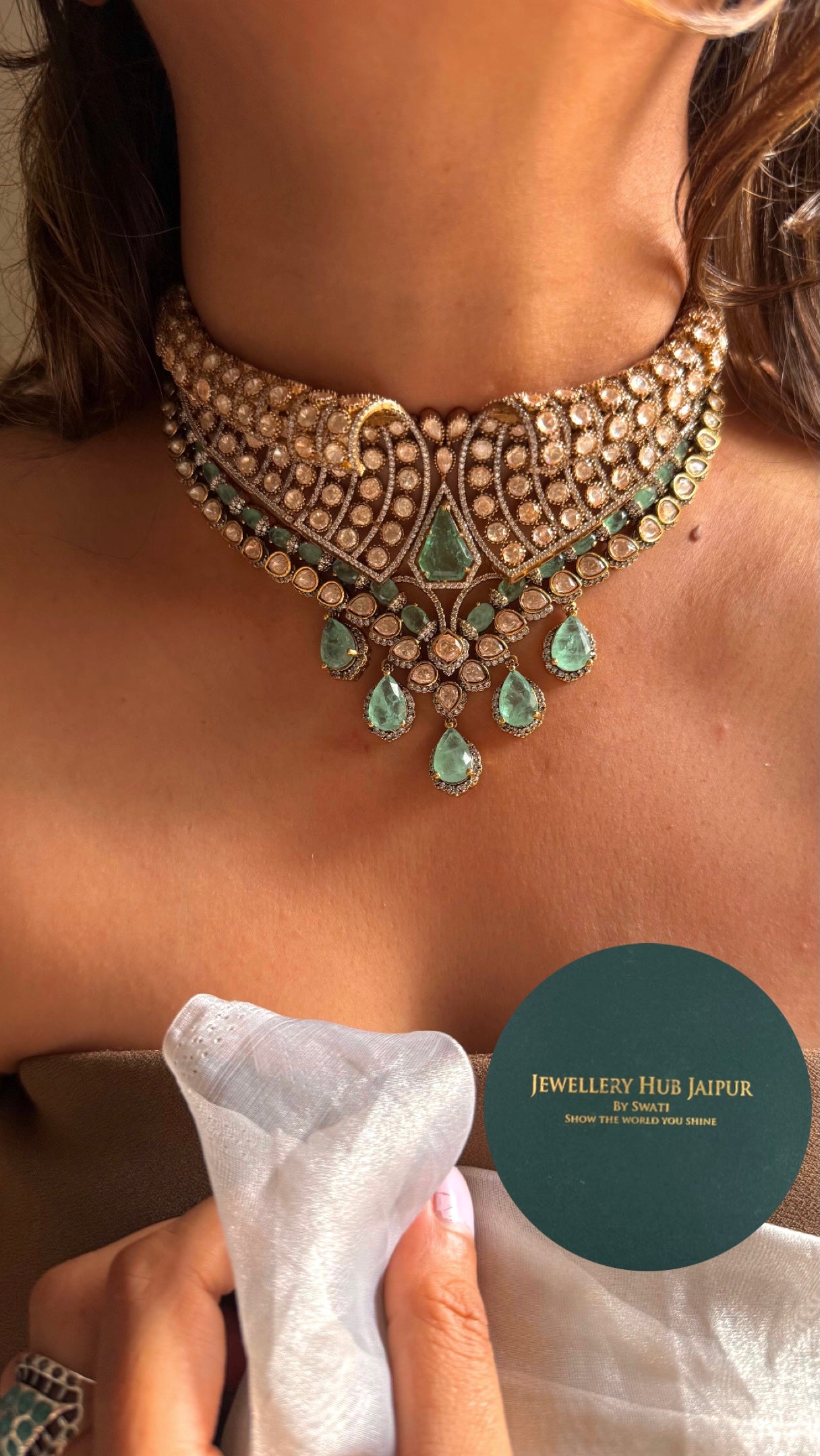 Mint doublet with peeli polki Moissanite combo necklace