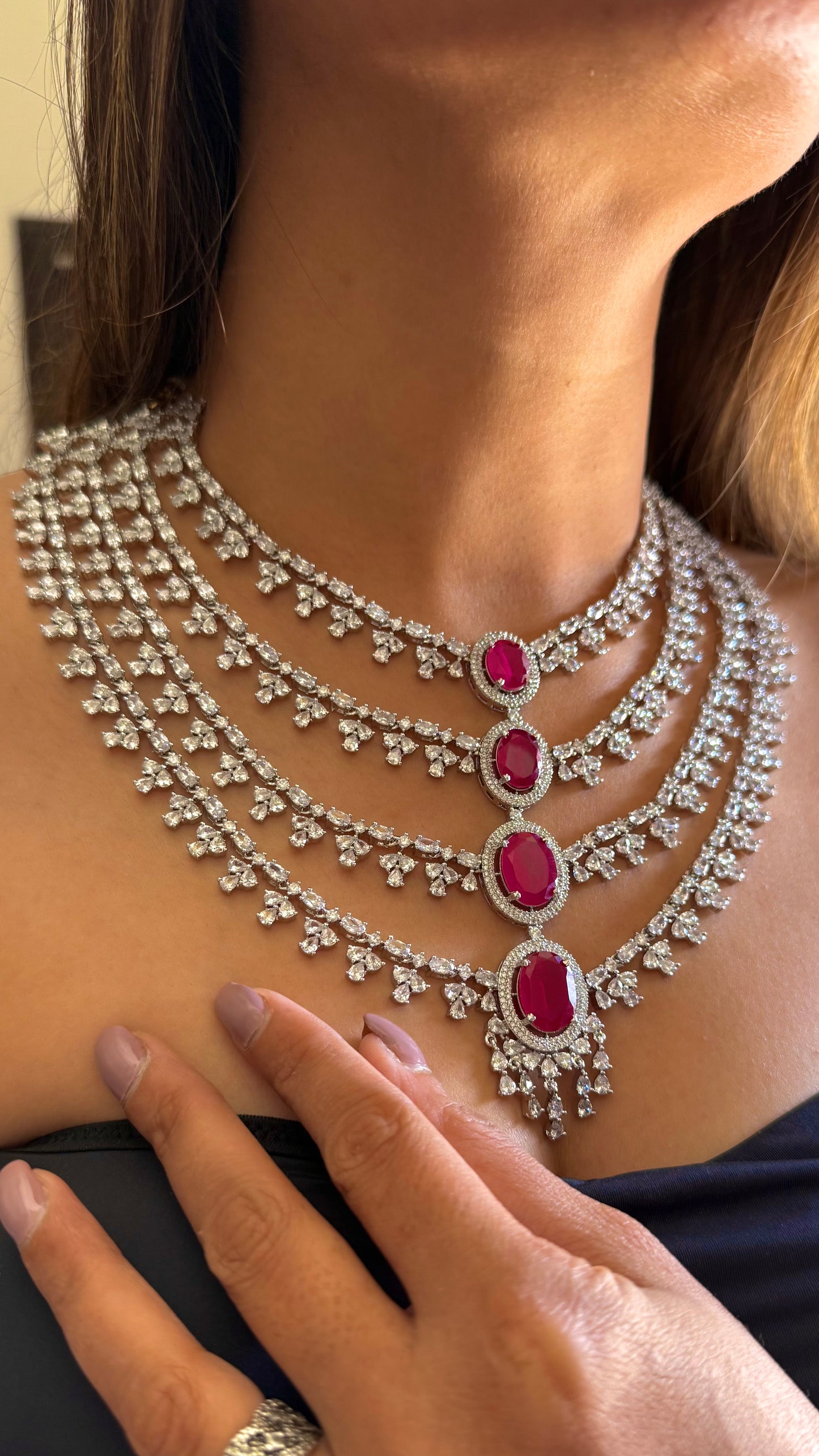 Elara Rani pink four layered diamond necklace
