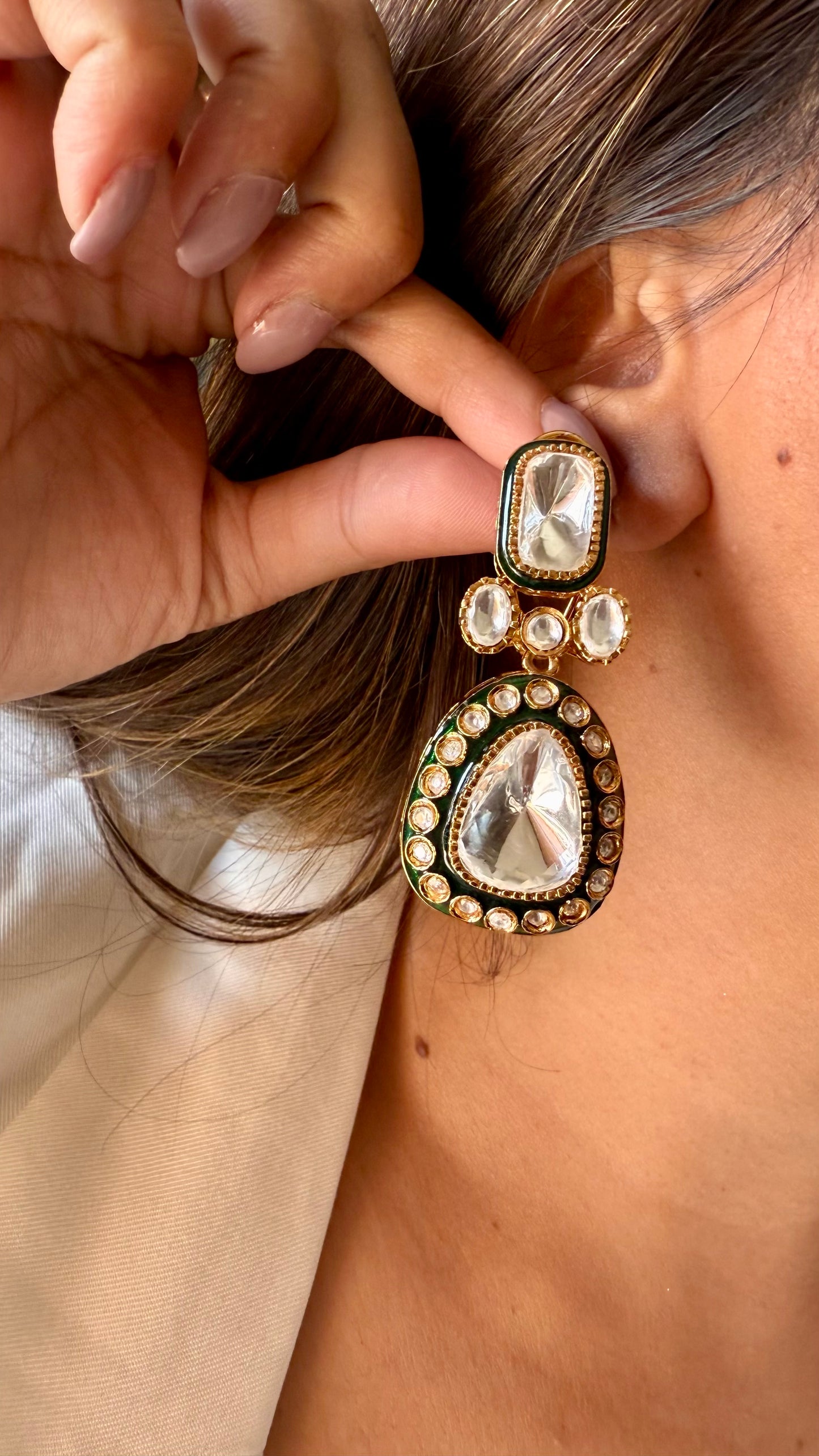 Emerald meenakari moissanite uncut polki earrings