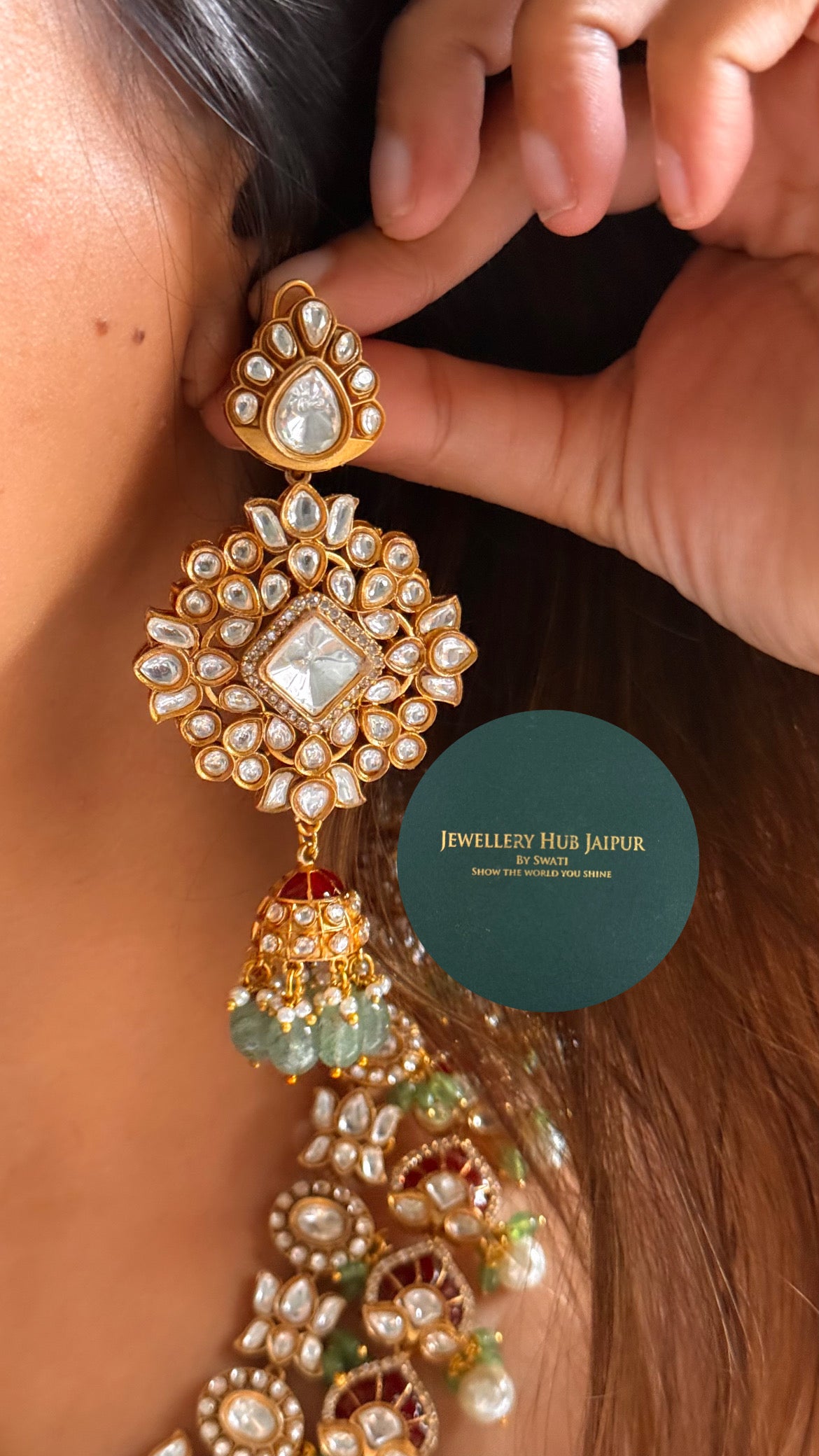 Ruby katdana & moissanite polki bridal dual layer with mint & pearl drop set