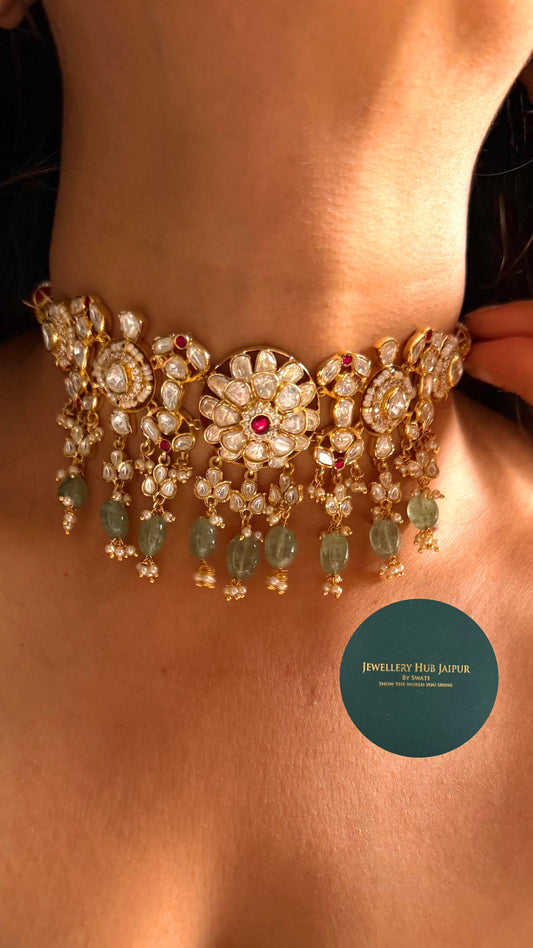 Rani pink real moissanite with mint drop choker set