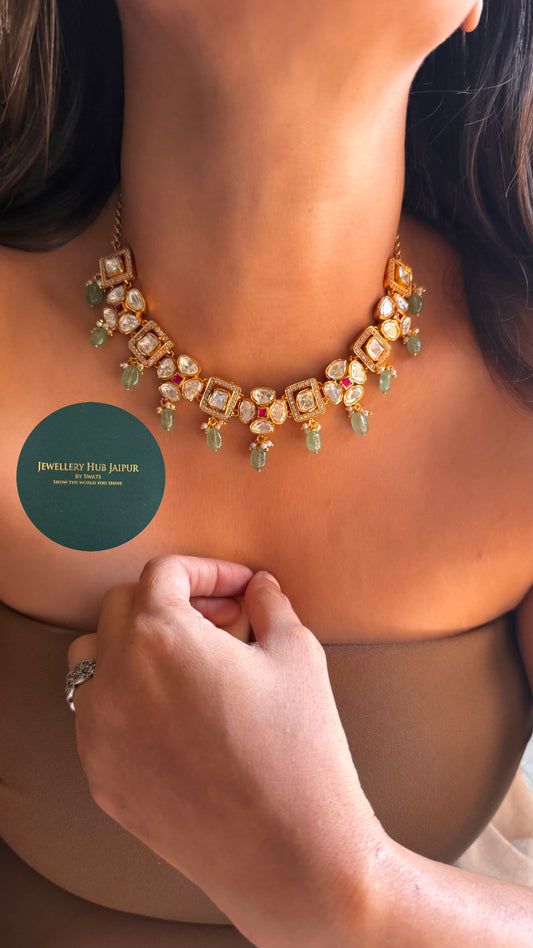 Real moissanite rani pink & emerald floral with mint drop collar set