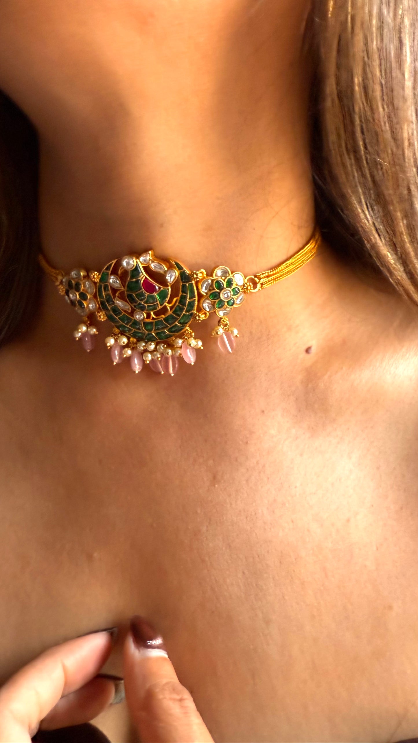 Emerald & rani pink katdana floral rajwada choker