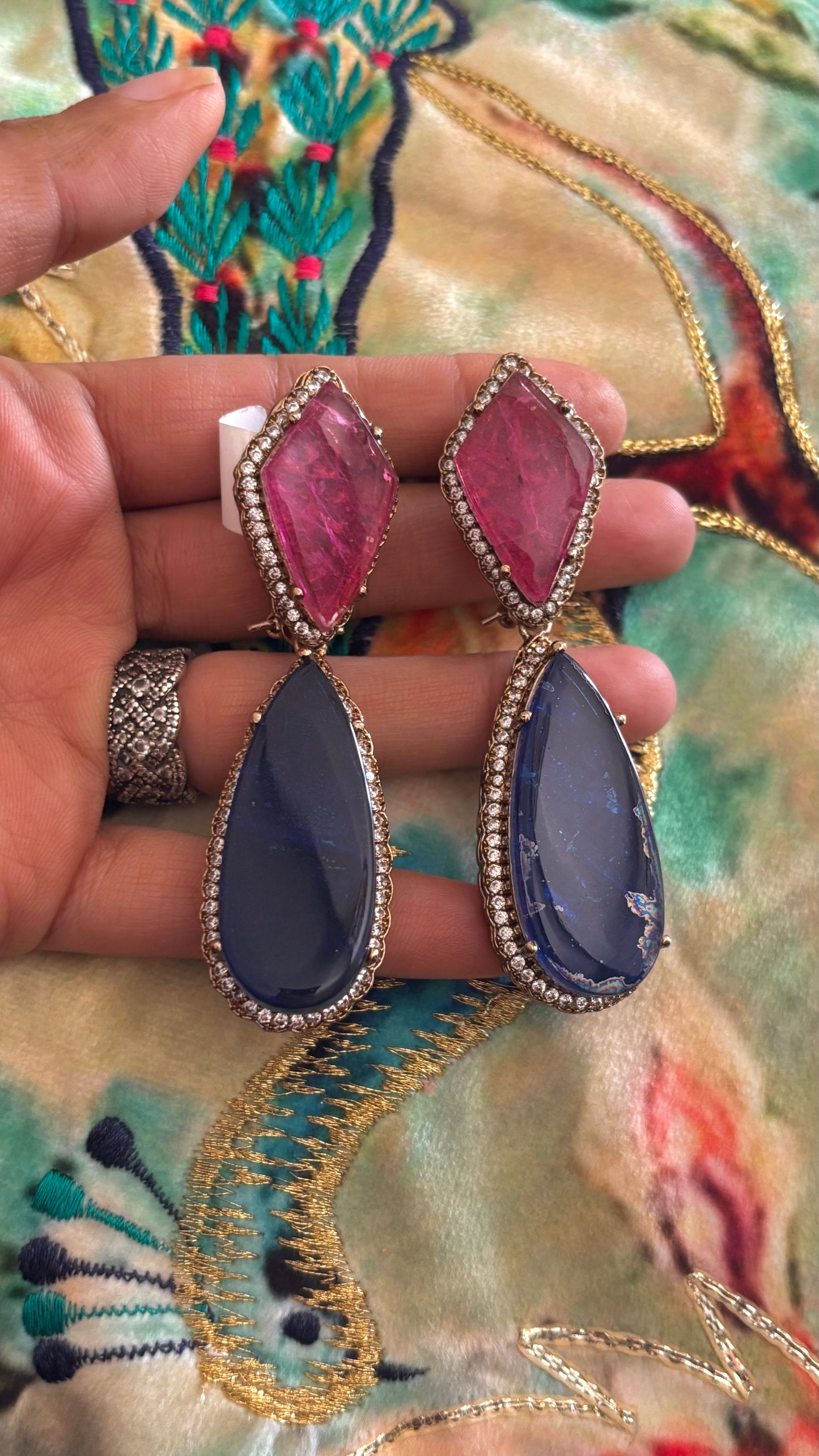 Rose quartz & Sapphire victorian cocktail danglers