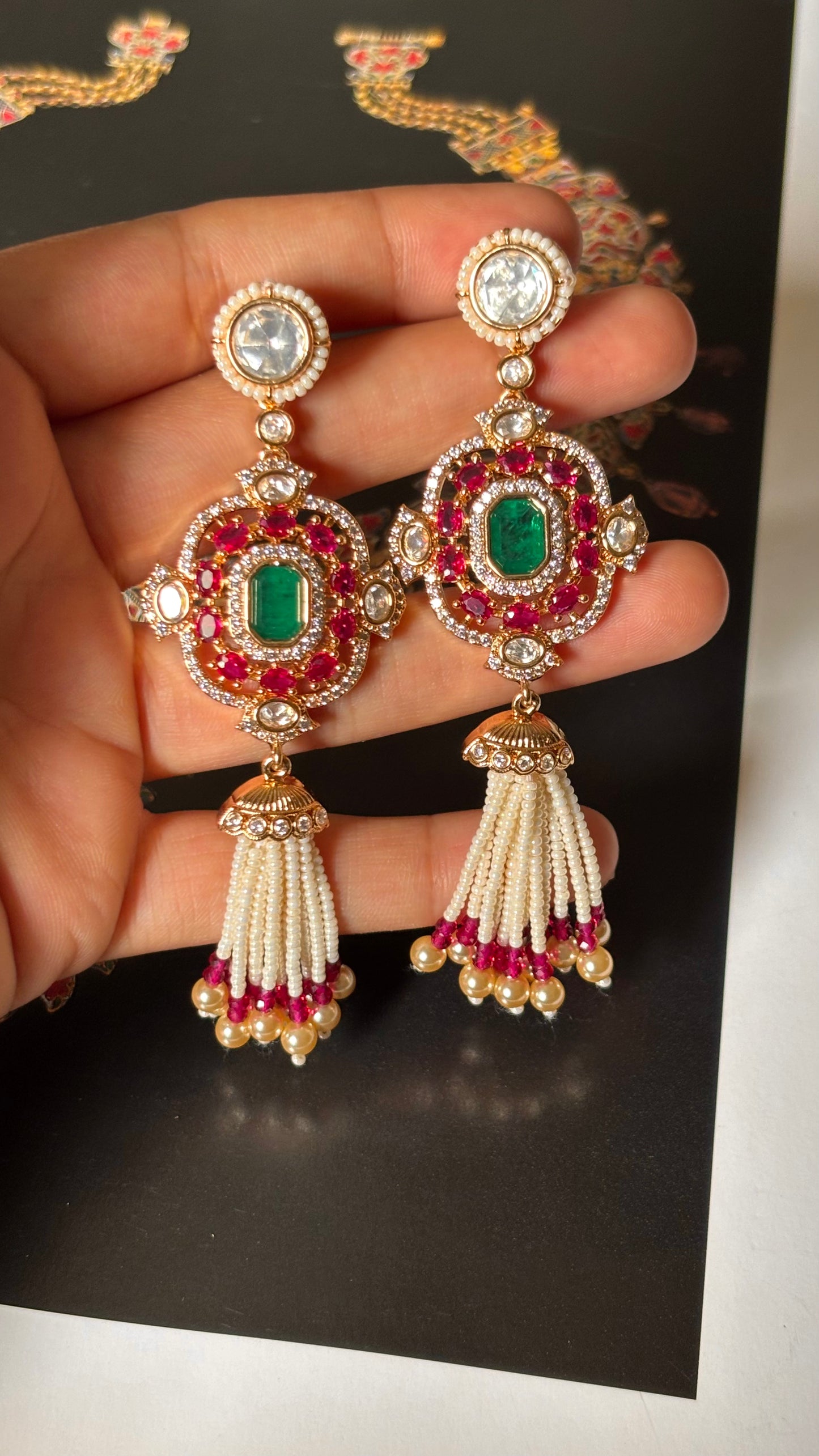 Rani pink doublets & emerald with pearl detailing jhalar Earrings