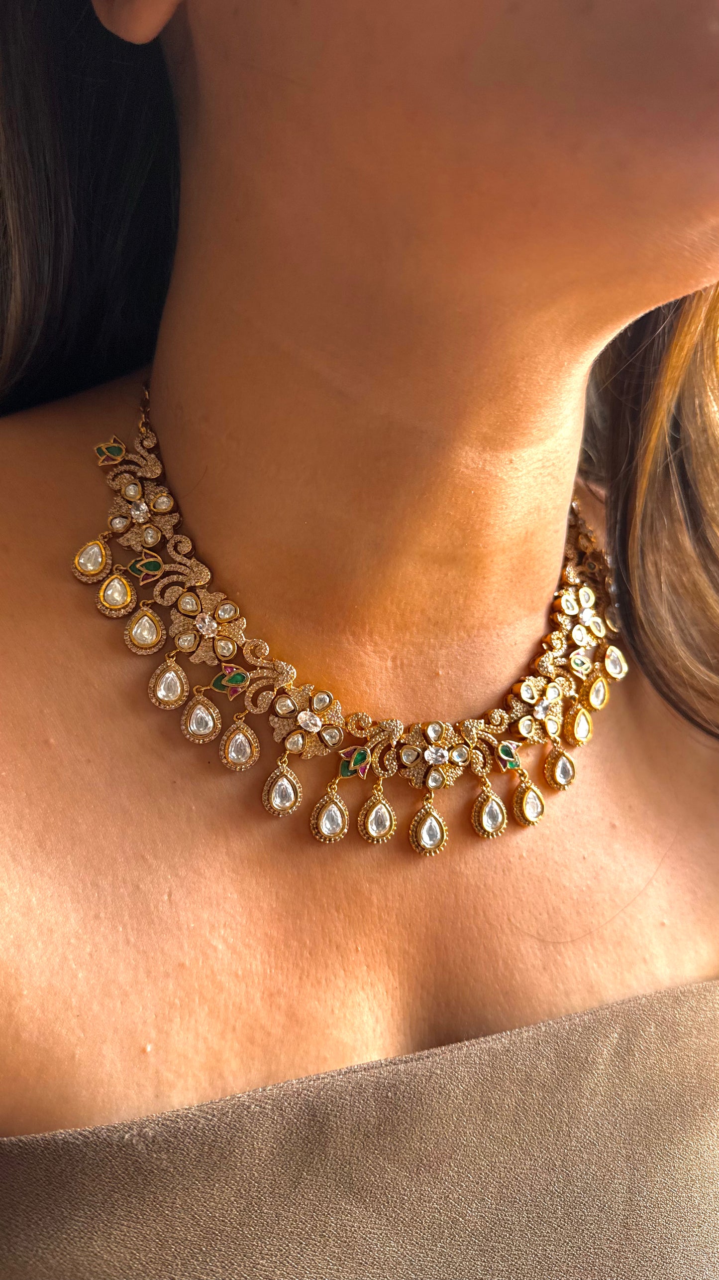 Emerald & Ruby polki drop collar necklace