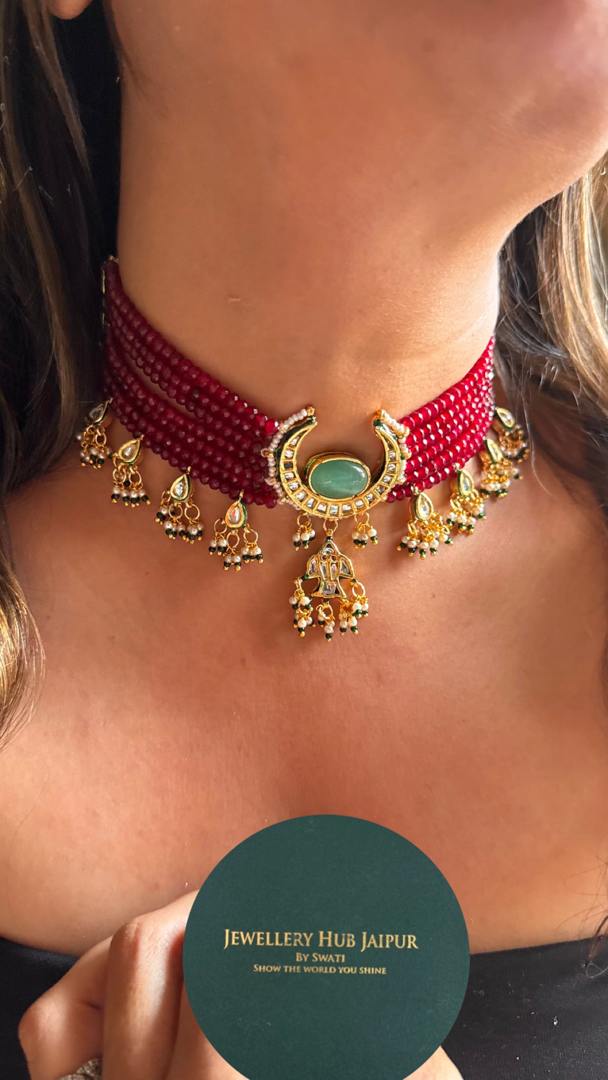 Mint inlay with ruby pearl detailing meenakari choker Necklace