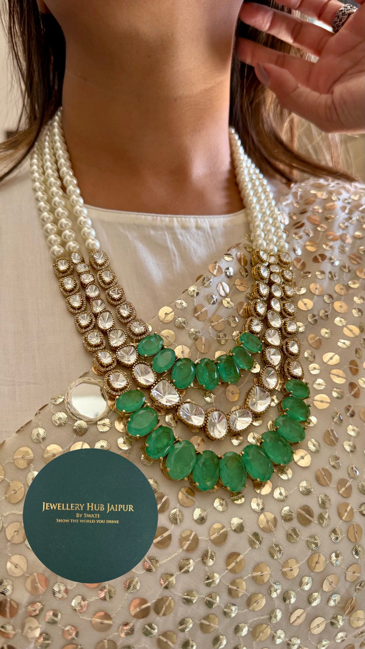 Mint three layered moissanite polki thread maharani haar