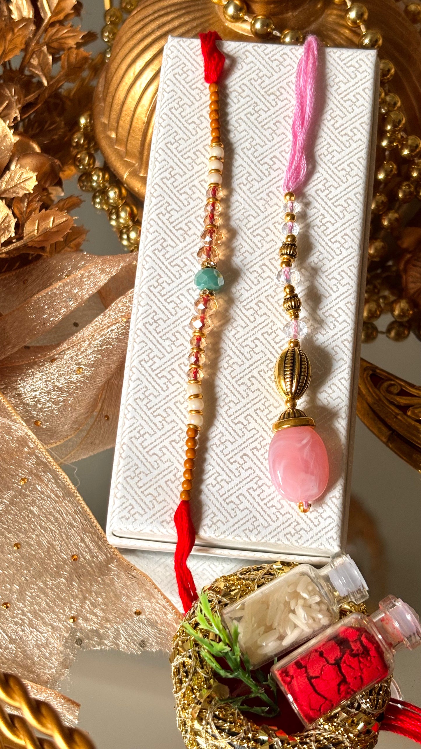 Bhaiya bhabhi lumba rose quarts designer stone oxidised rakhi ( shipping will be extra )