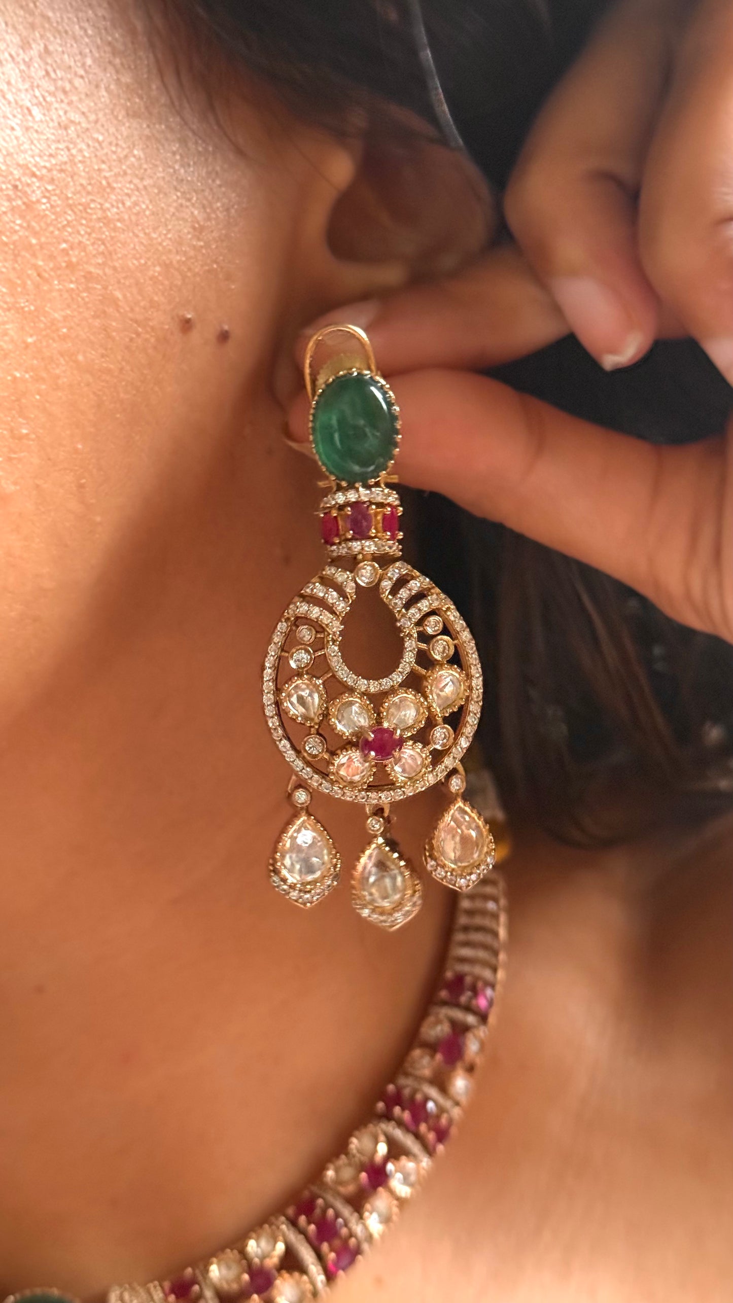 Emerald doublet & rani pink moissanite collar set