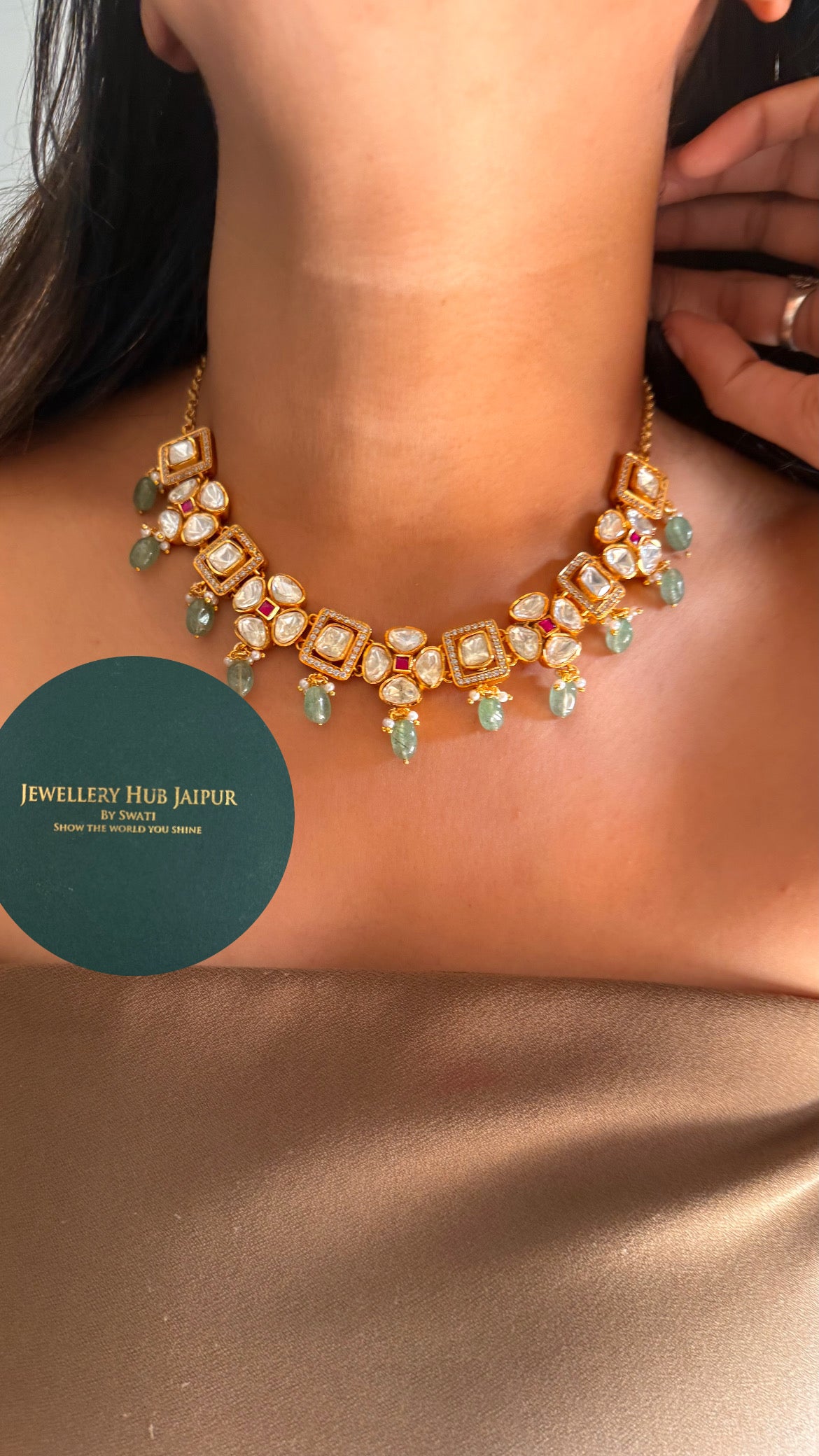 Real moissanite rani pink floral & mint drop collar set