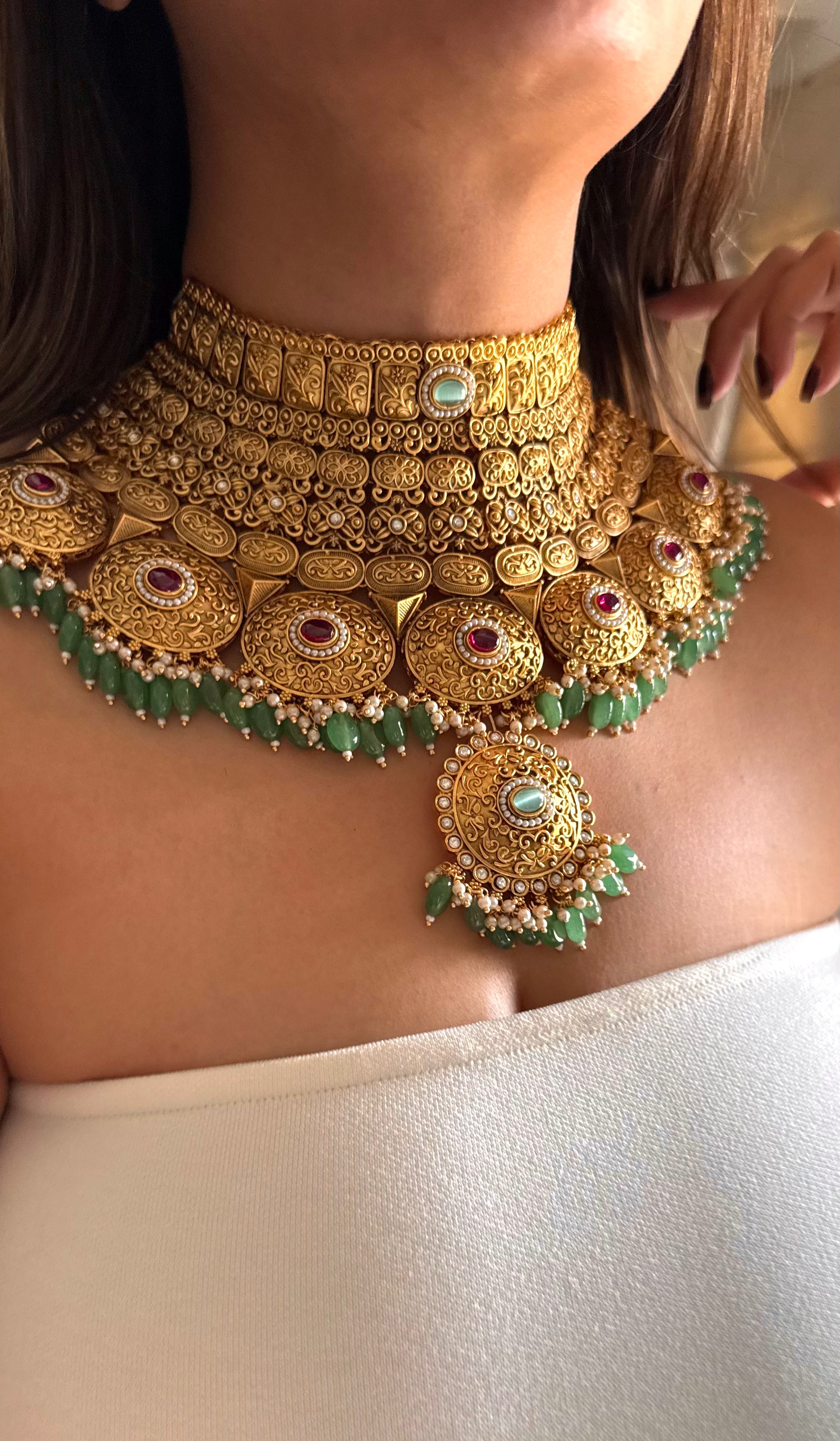 Maharani golden rani pink & mint bridal choker set
