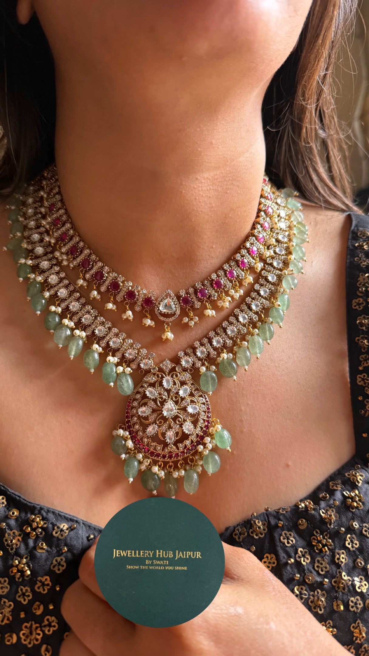 Rani pink with mint drops dual line necklace
