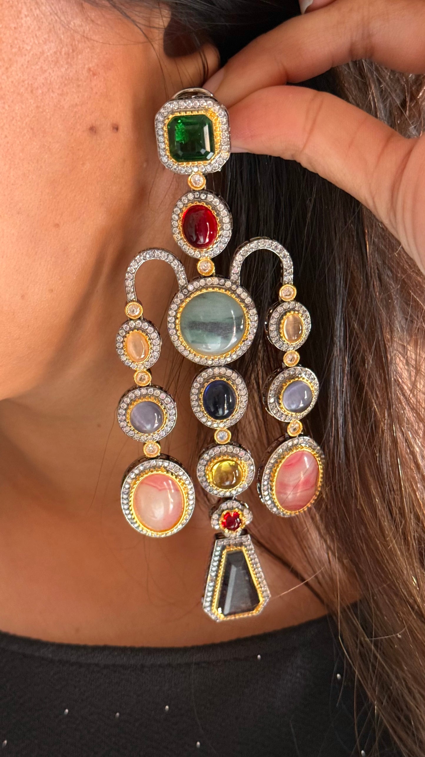 Sabya inspired navratna danglers