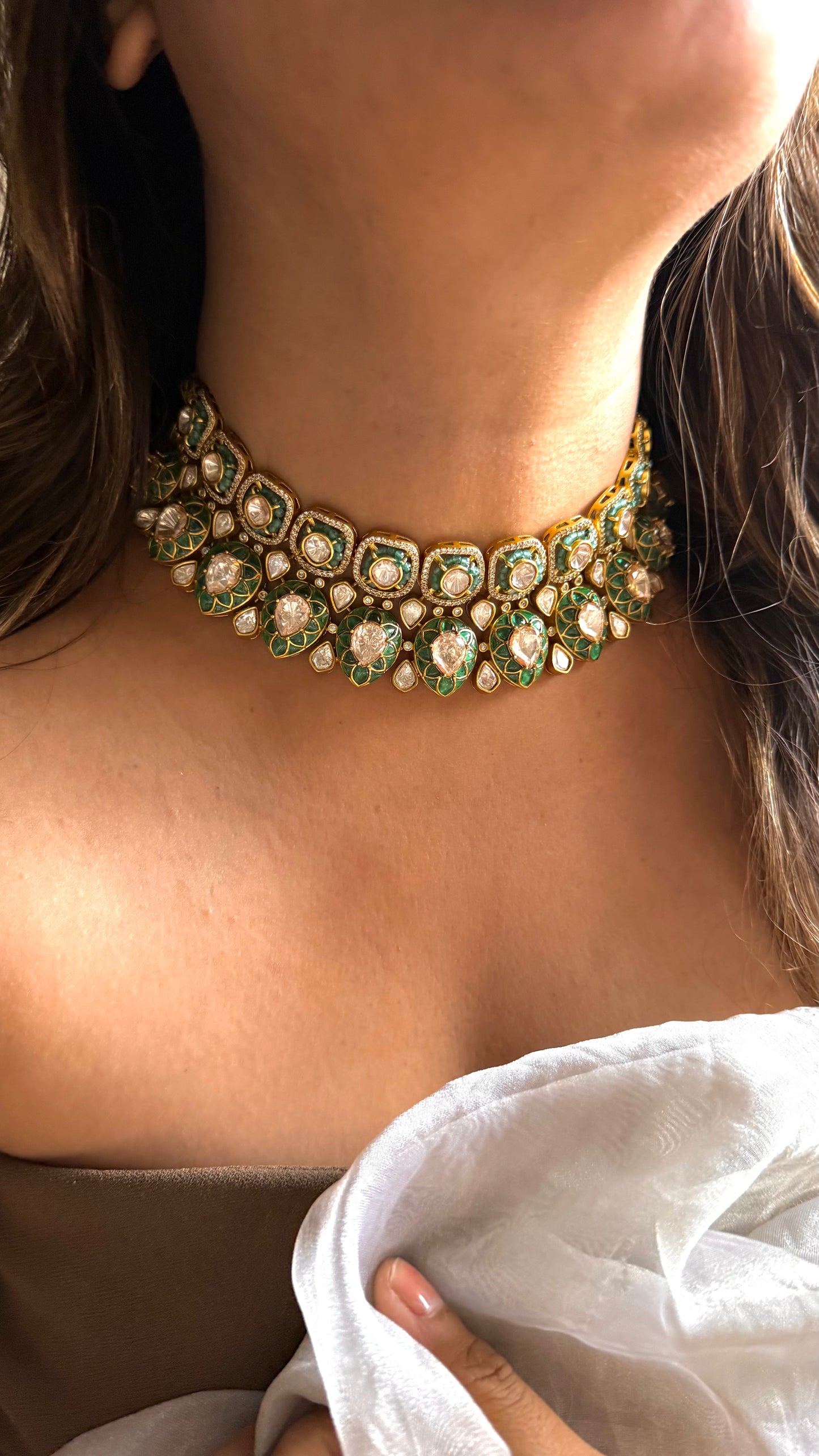 Emerald & Turquoise Lv shade Polki Choker Necklace