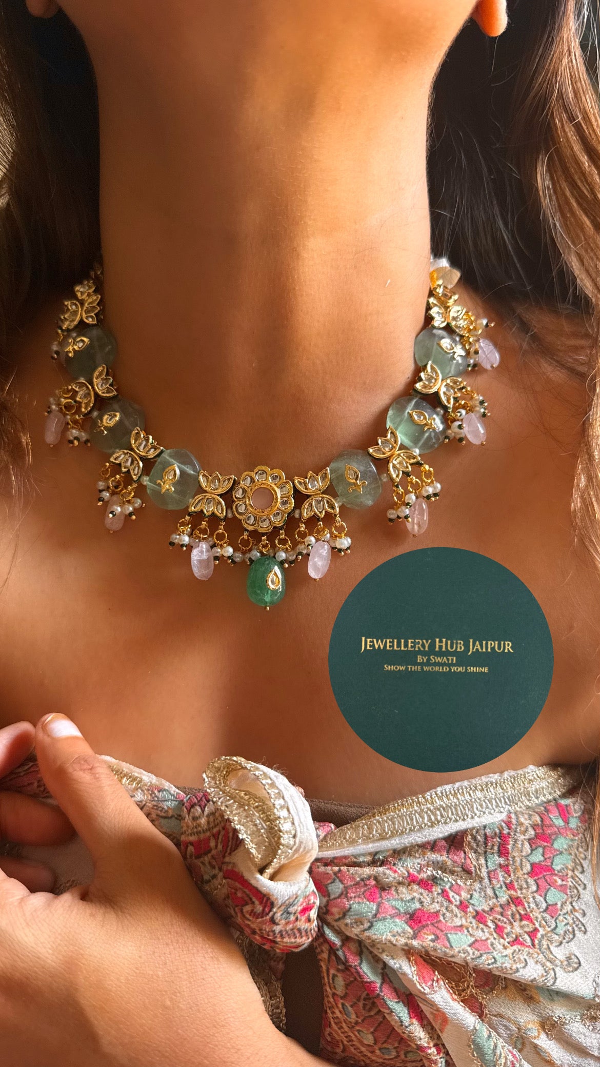 Mint inlay work with rose quartz & emerald drops & emerald meenakari paachi collar set