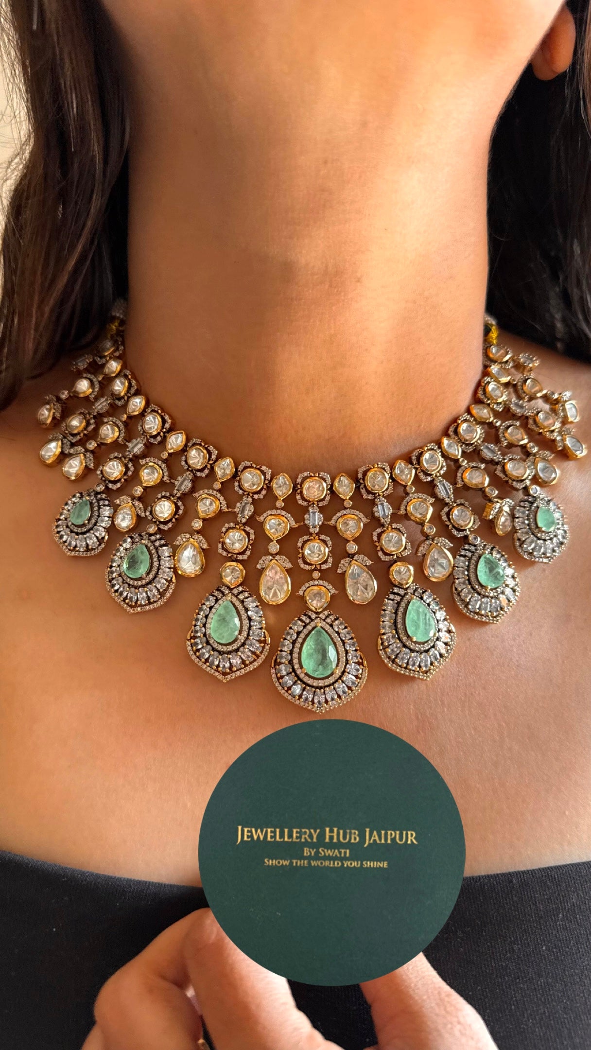 mint moissanite peeli  polki necklace