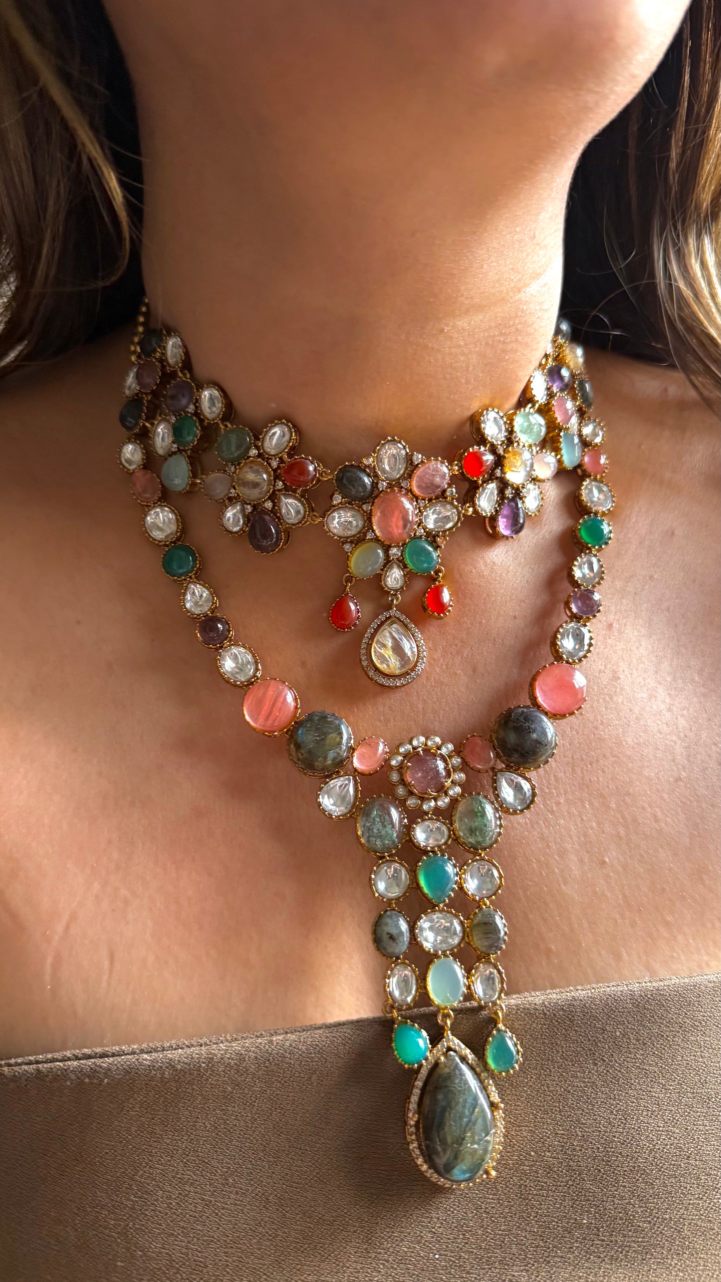 Dual layer sabya inspired gemstone necklace