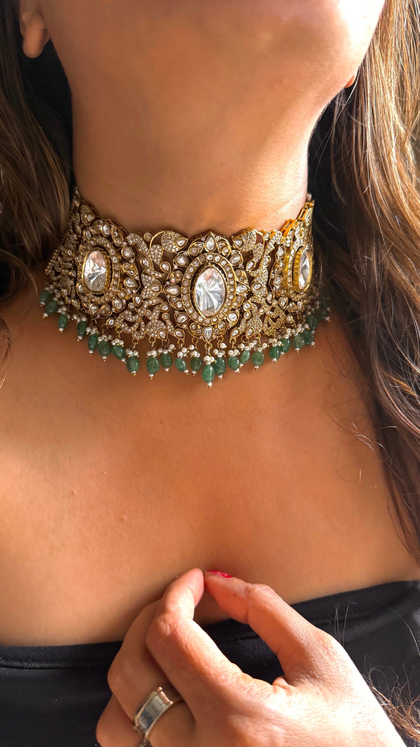 Uncut polki heritage designer necklace with mint drop detailing