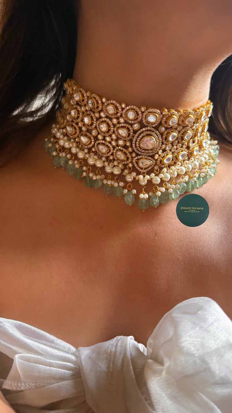Polki with mint drops choker set