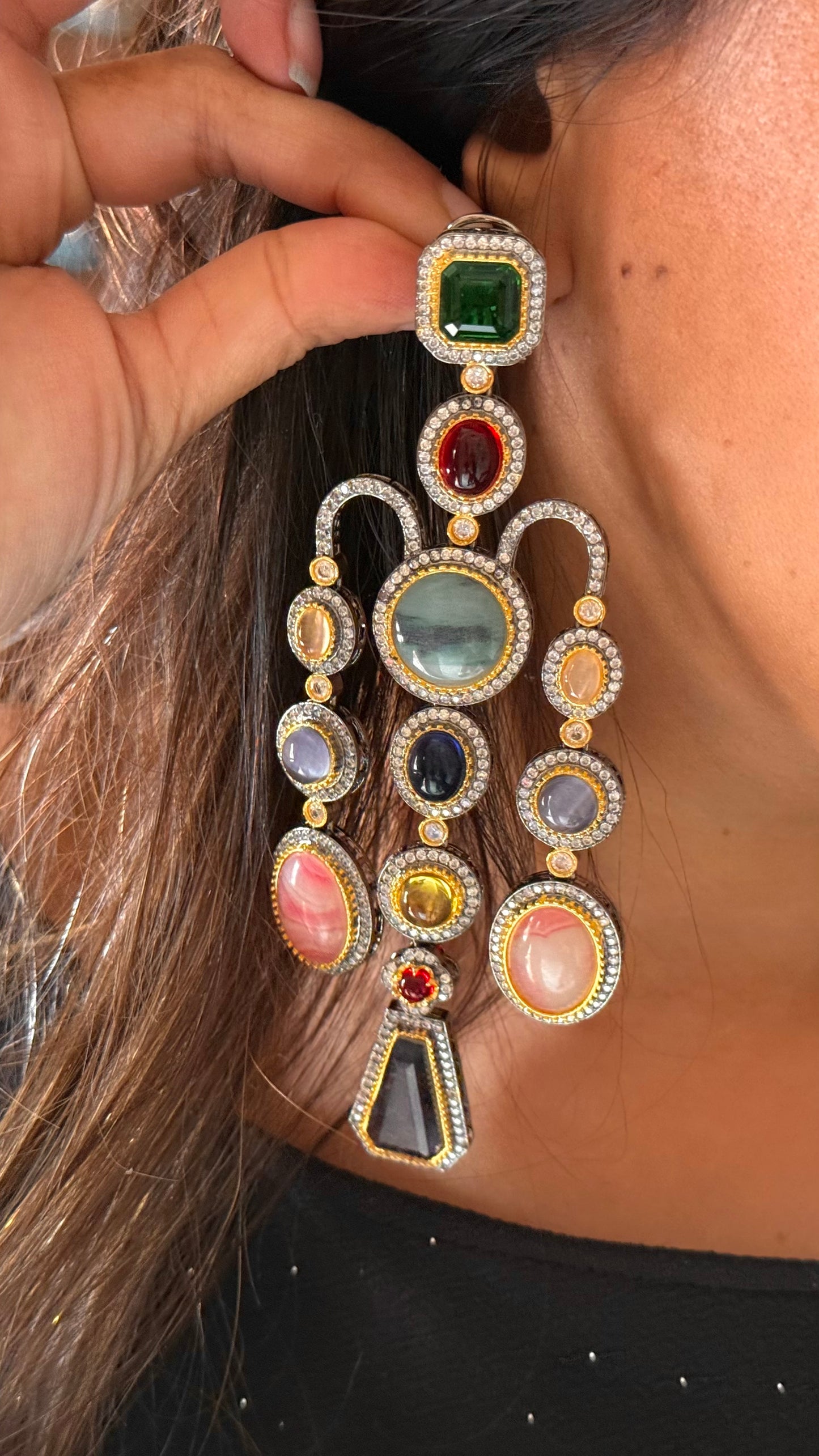 Sabya inspired navratna danglers