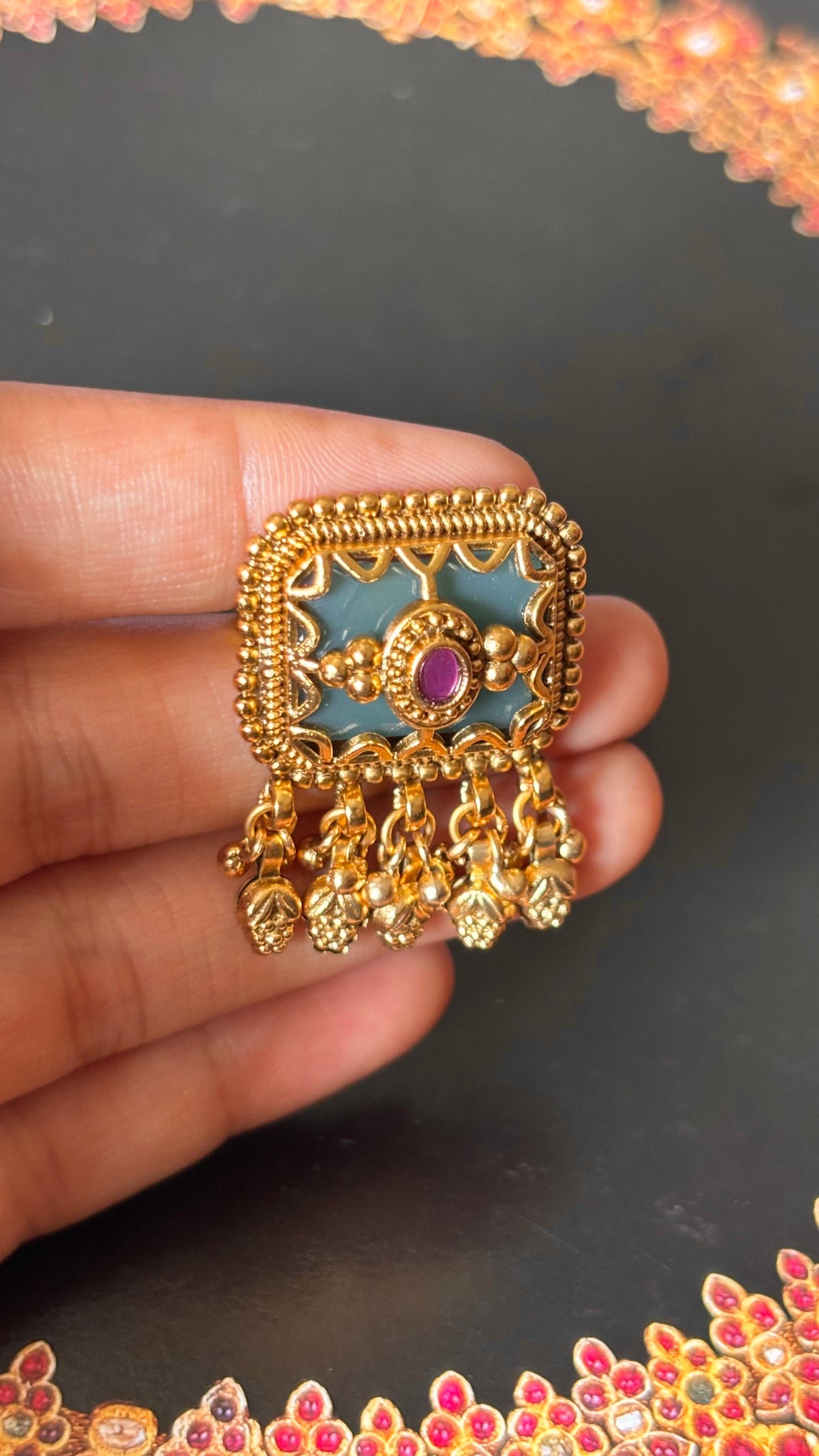 Rani pink with gungroo drops golden adjustable ring