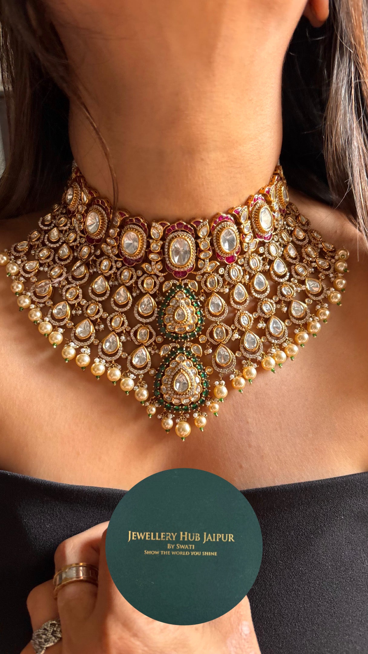 Bridal Asia Rani pink with emerald pearl drops choker Necklace