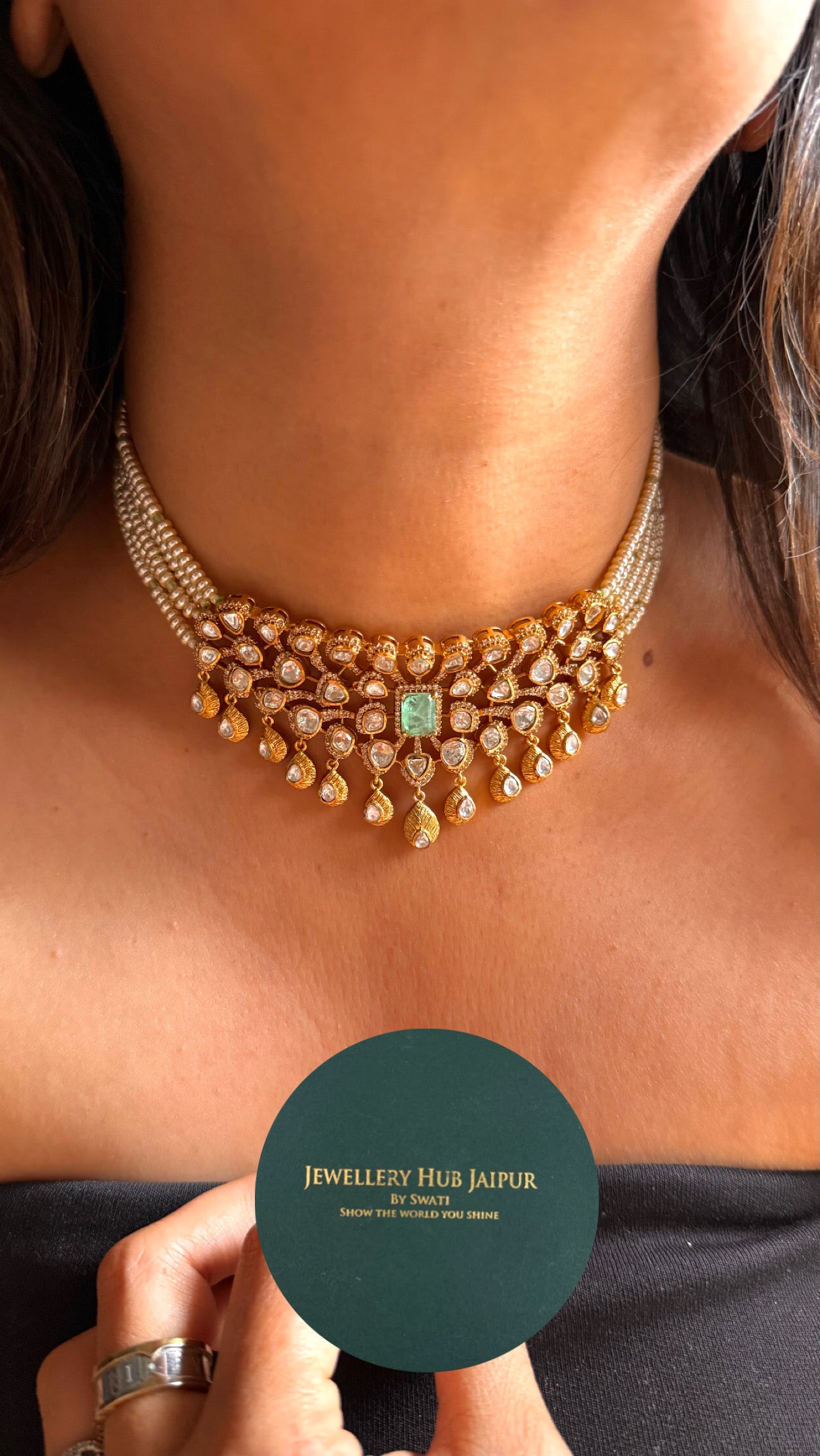 Mint doublet with moissanite polki gold polish Necklace