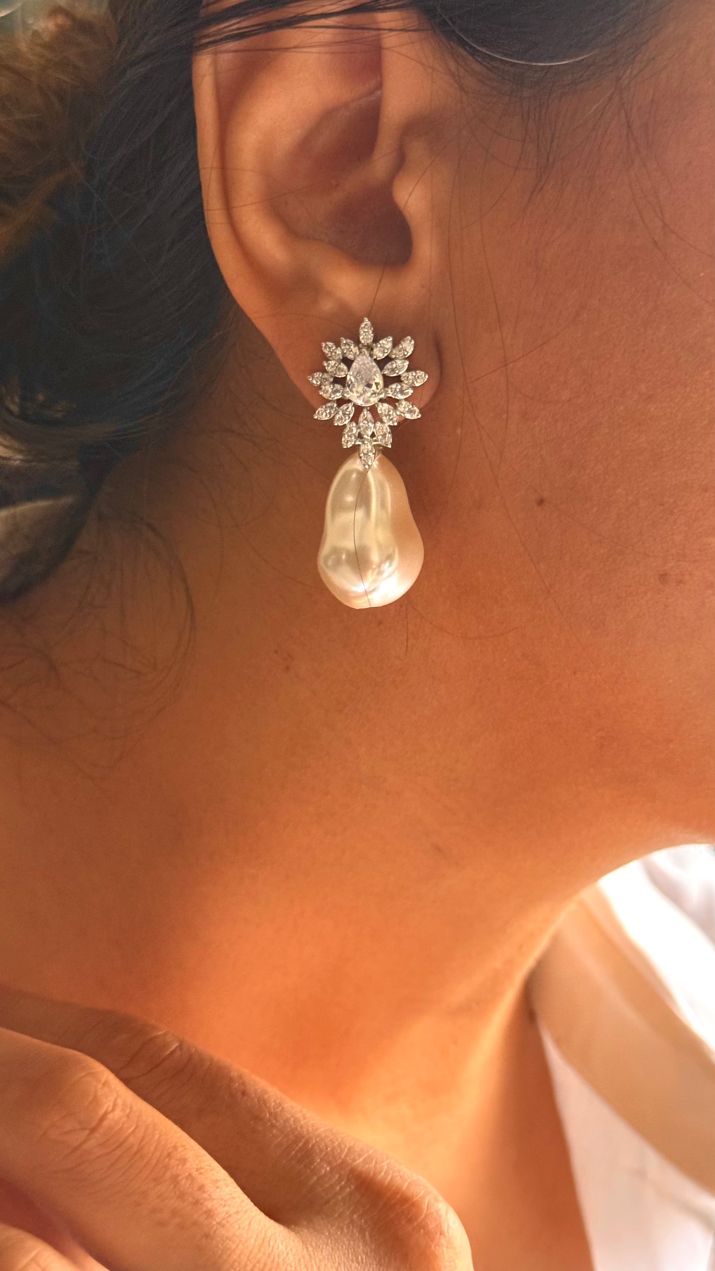 CZ diamond pearl dangler
