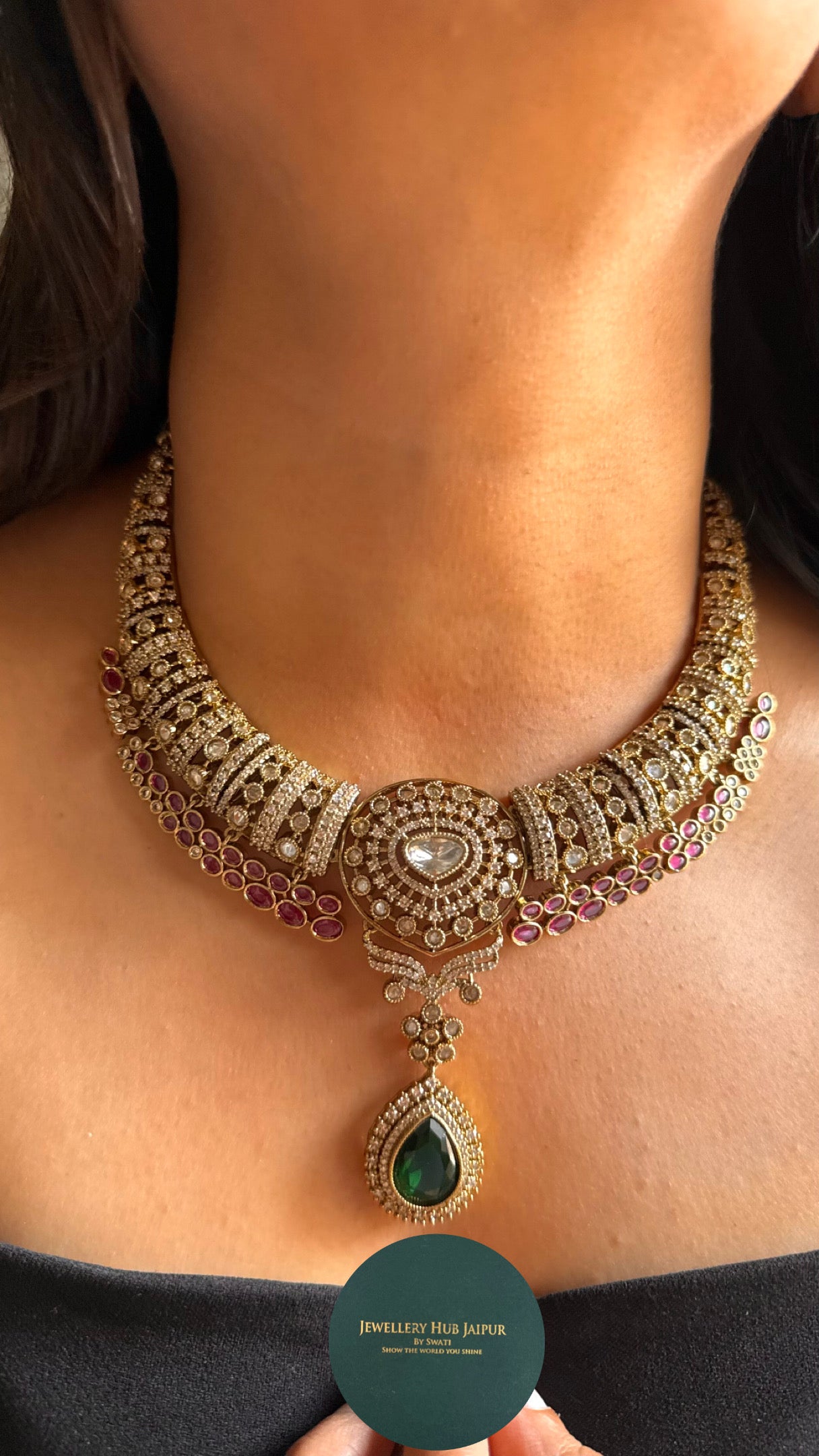 Rani pink ruby with emerald designer Collar Necklace
