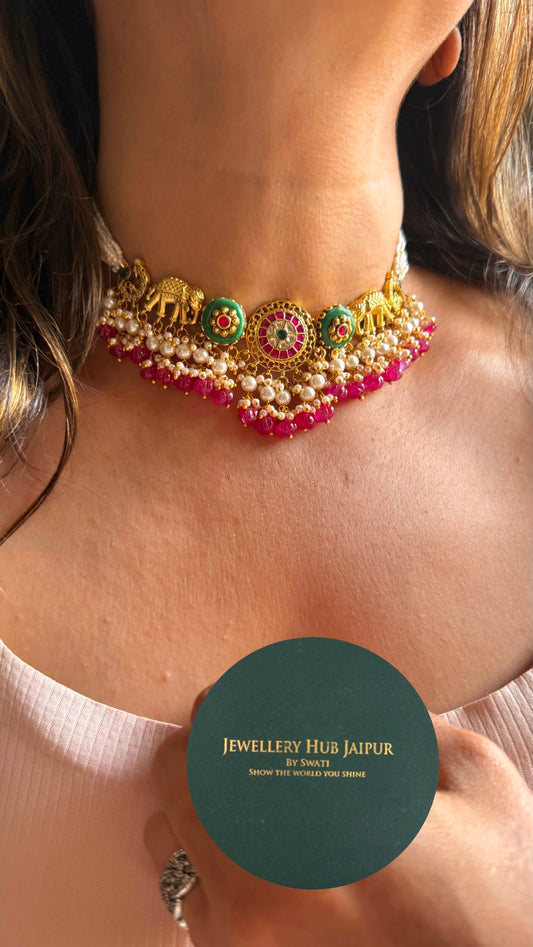 Gajj inspired heritage mint with Rani pink drops choker necklace