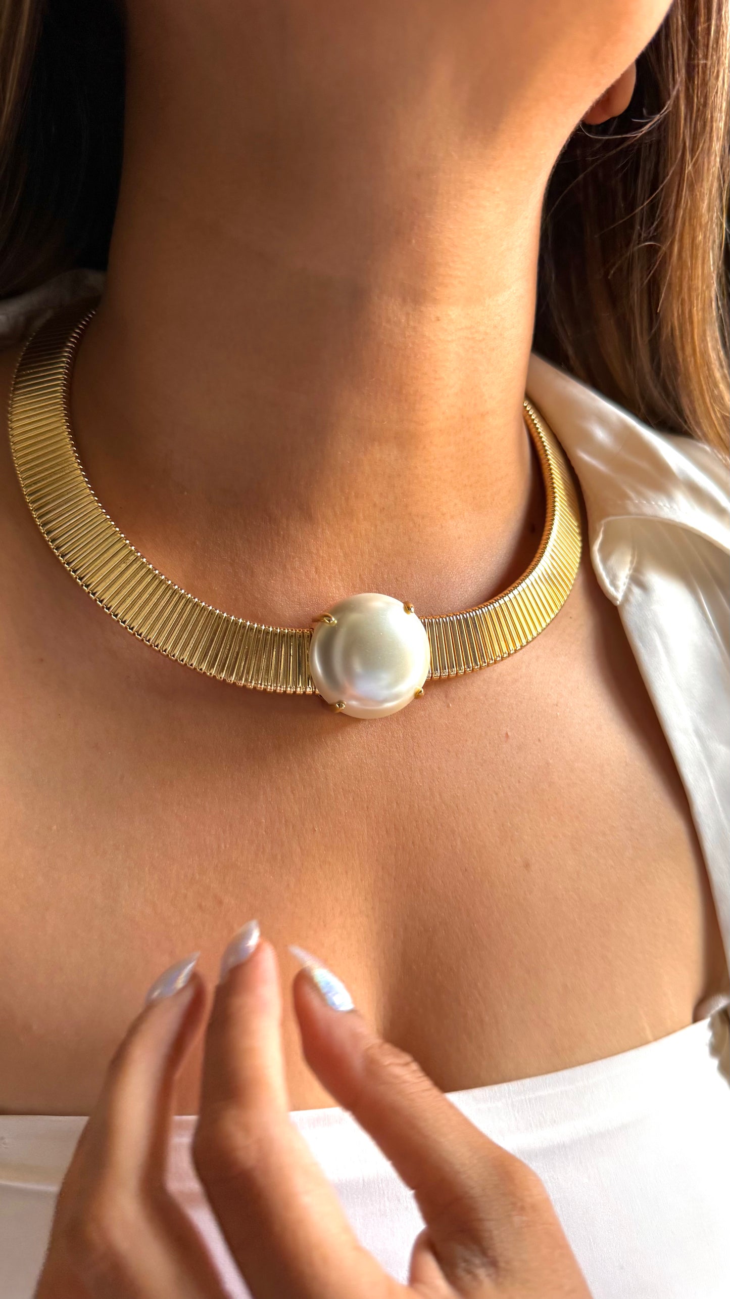White pearl stone golden desinger necklace
