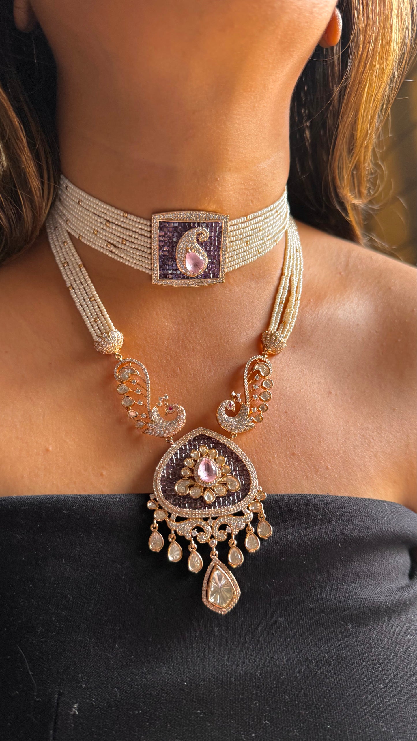 Tanzanite & rose, quartz design, designer necklace combo