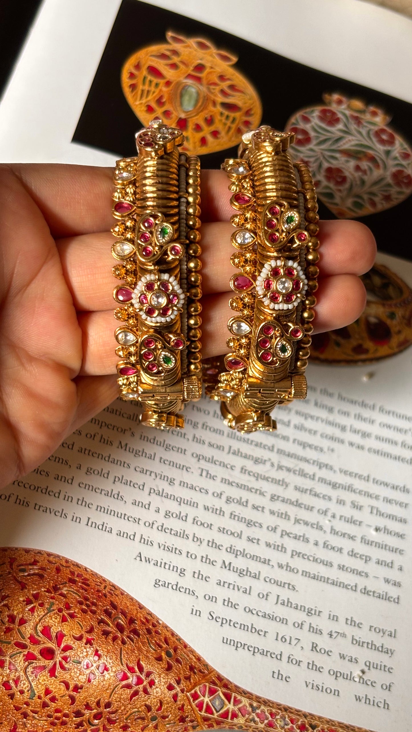 Peacock inspired with floral rani pink ruby & emerald rajwada bangles