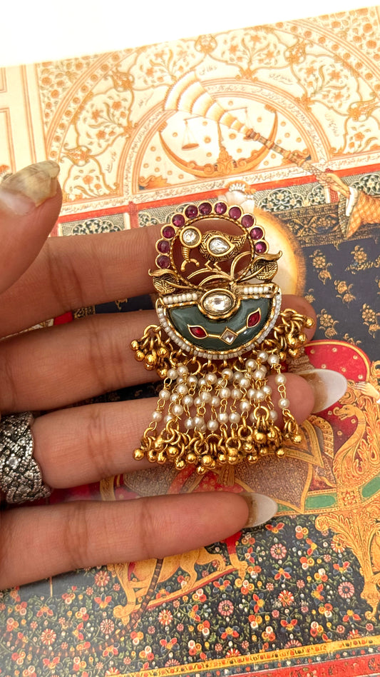 Emerald inlay & rani pink peacock rajwada adjustable ring