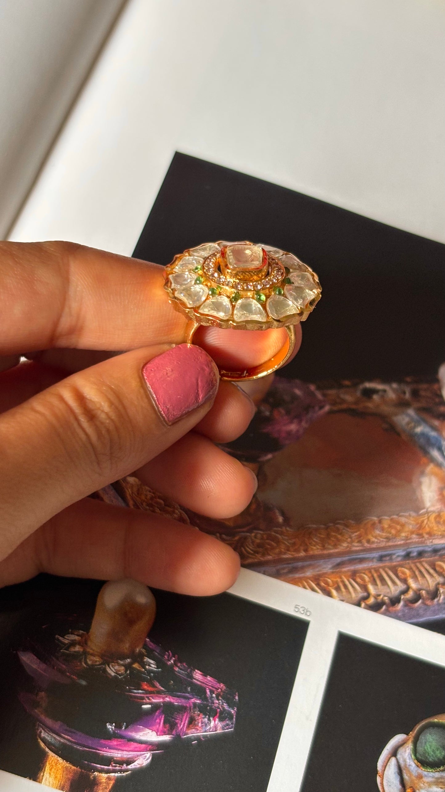 Real moissanite uncut polki emerald floral ring